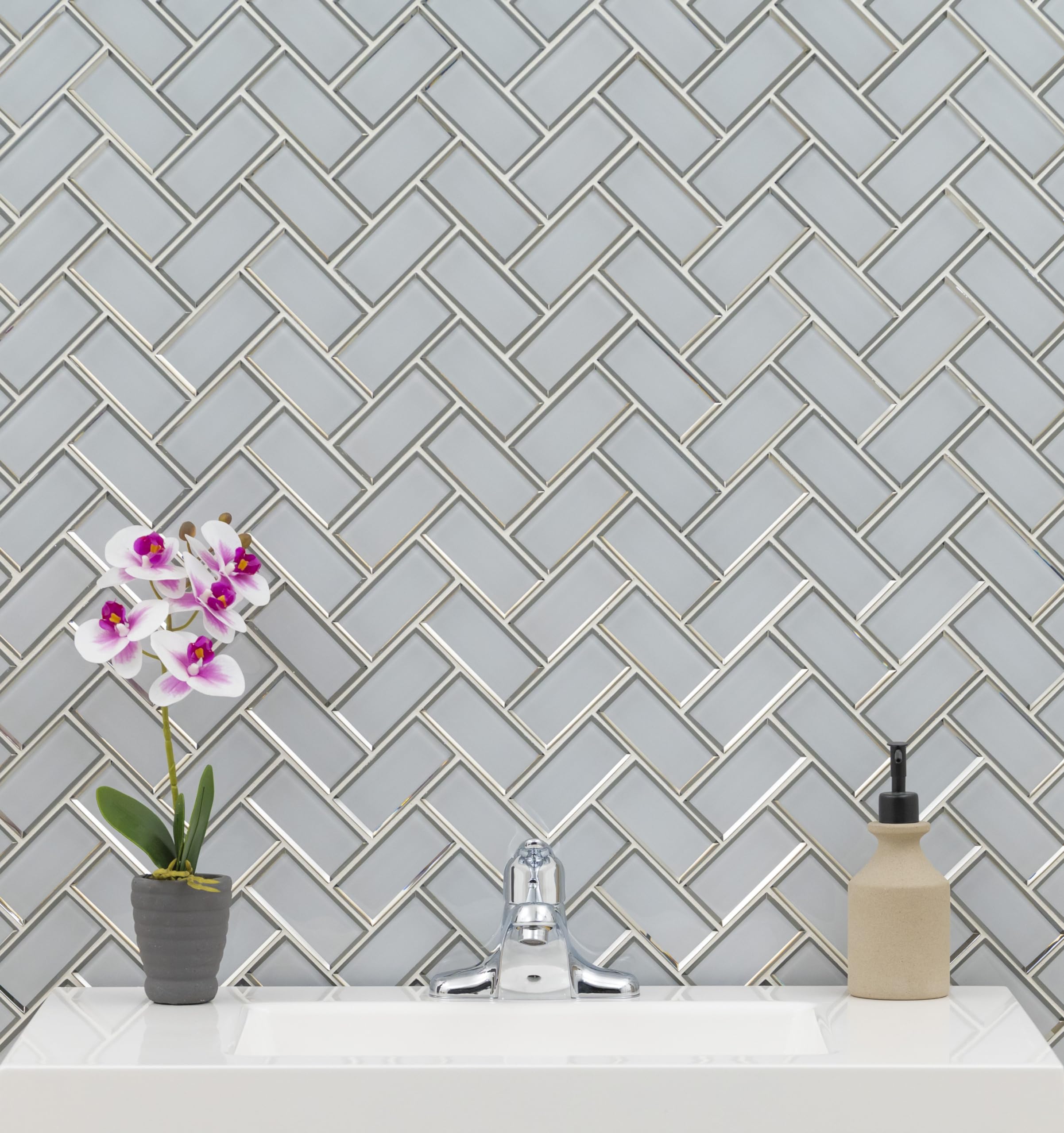 MSI Ice Bevel Herringbone Glass Mosaic Tile 13.86