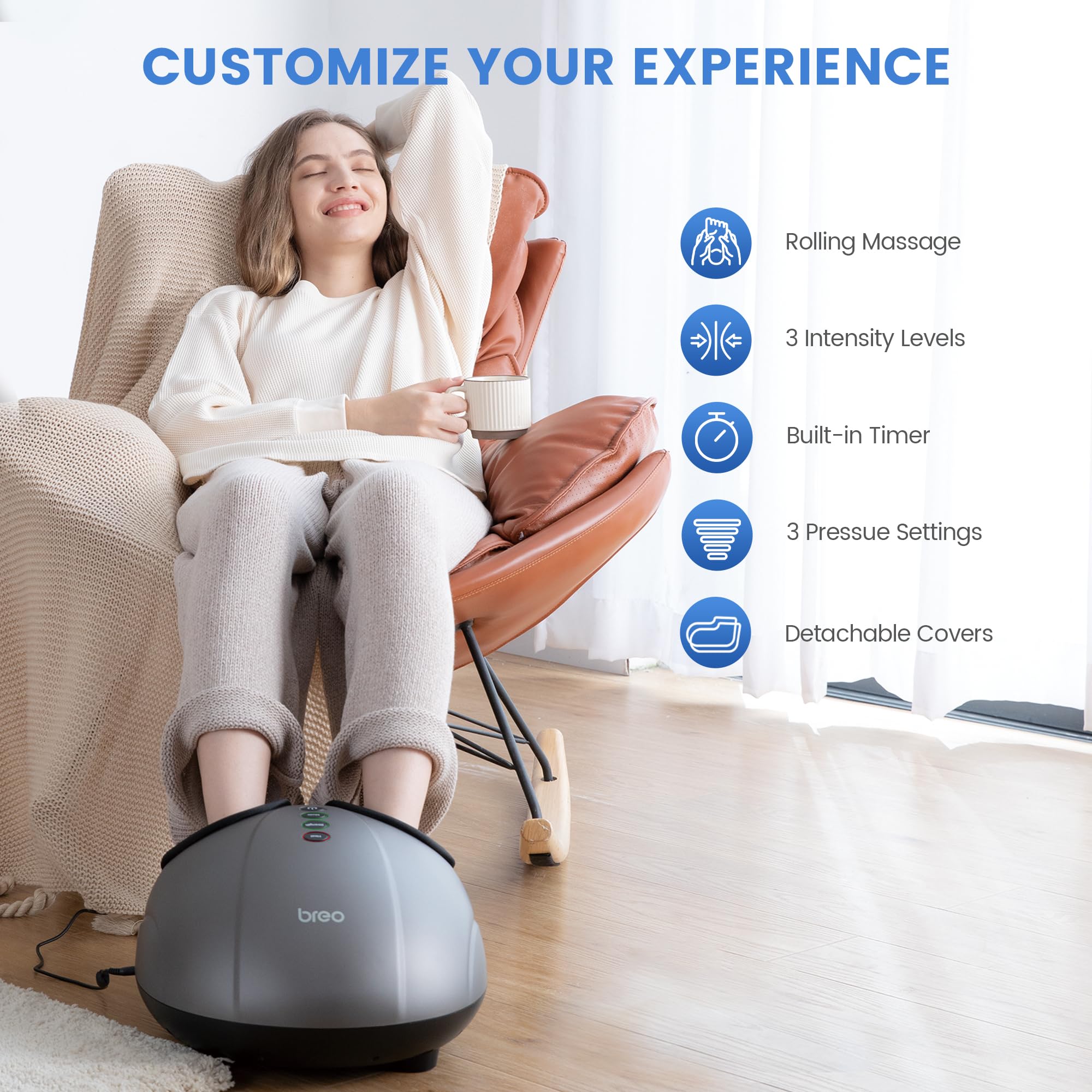 Breo Foot Massager with Heat - Deep Kneading, Air Compression & Rolling Massage for Foot Pain Relief, Plantar Fasciitis & Circulation - Fits Up to Size 46 (US 12) - Perfect for Home, Office & Post-Workout Recovery