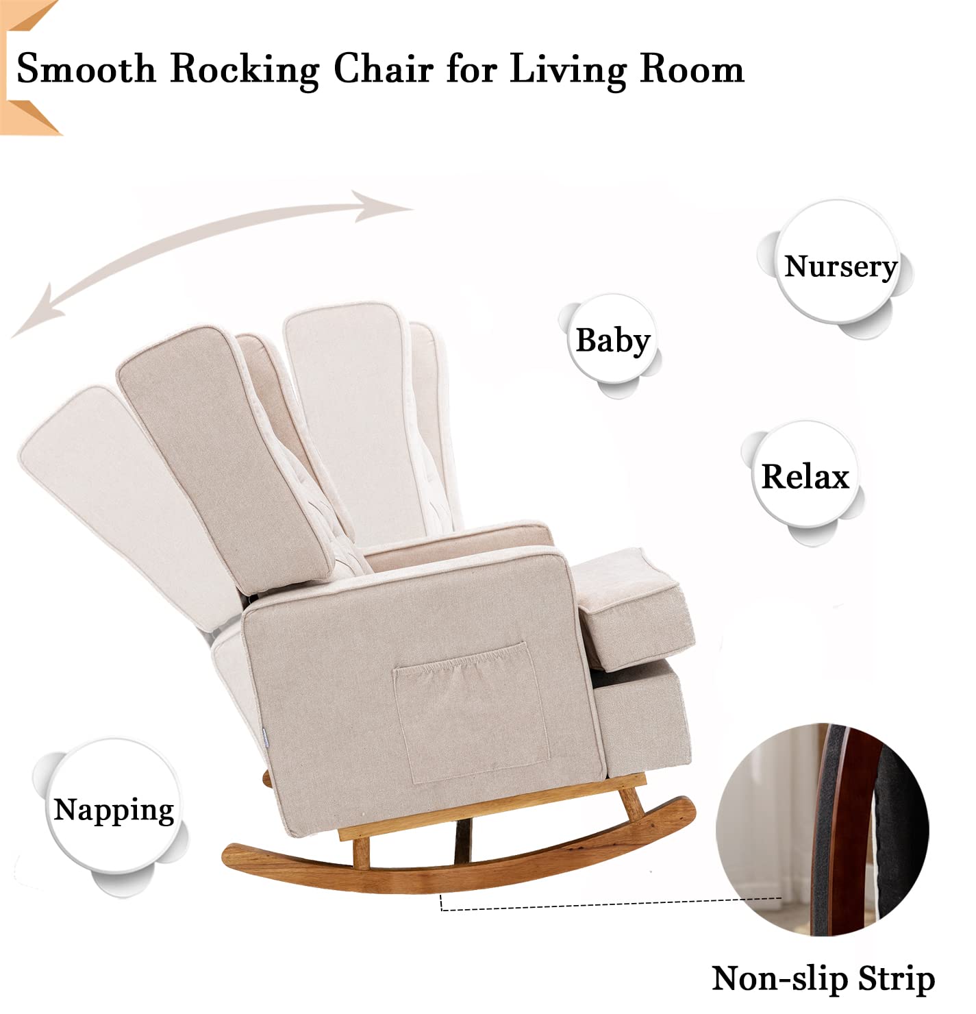 Comfortable Upholstered Rocking Chair for Living Room - Soft Polyester Linen Glider Armchair in Beige - Perfect for Nursery, Bedroom, or Relaxing Reading Corner