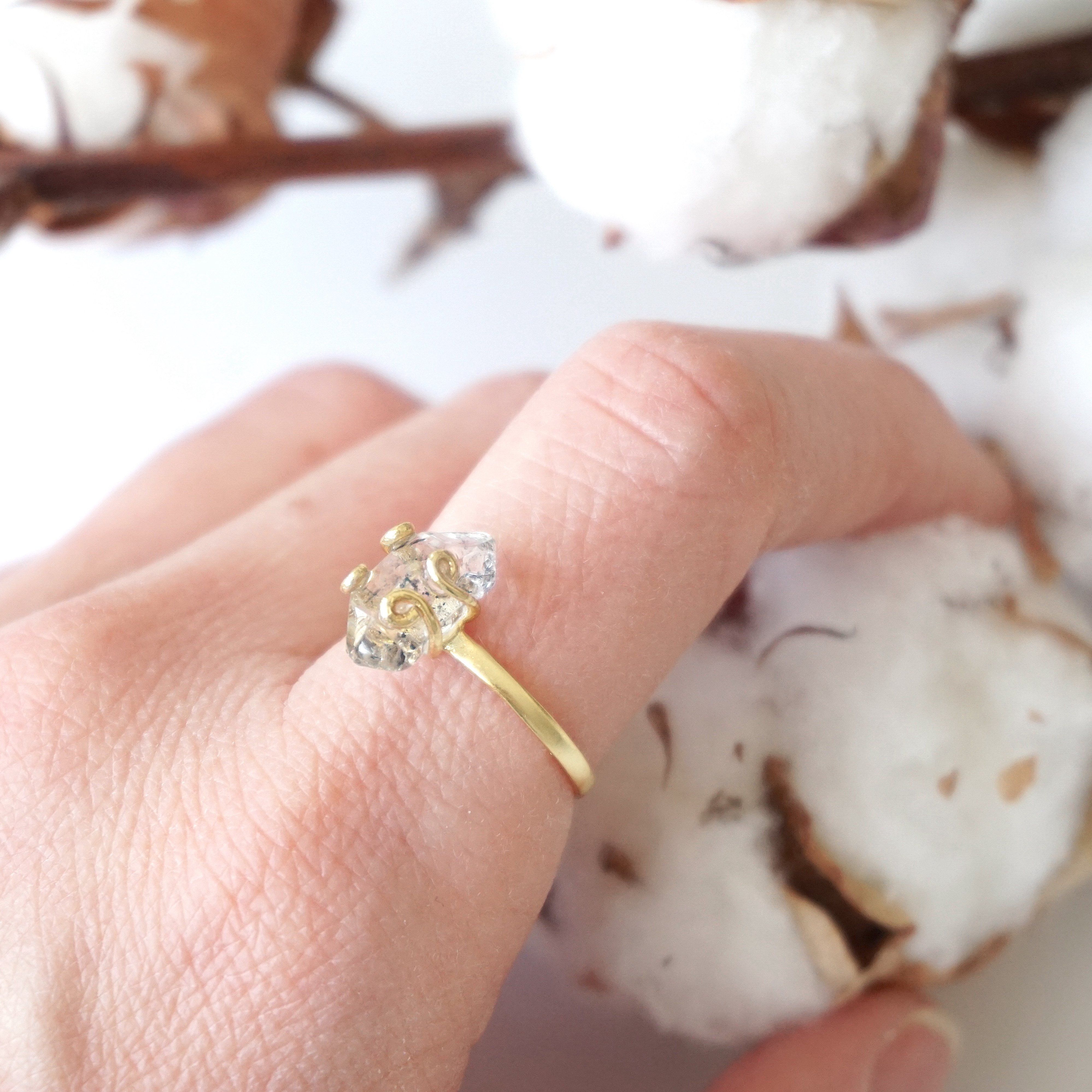 14K Gold Vermeil Adjustable Herkimer Diamond Ring - Elegant Stackable Jewelry for Everyday Wear & Special Occasions