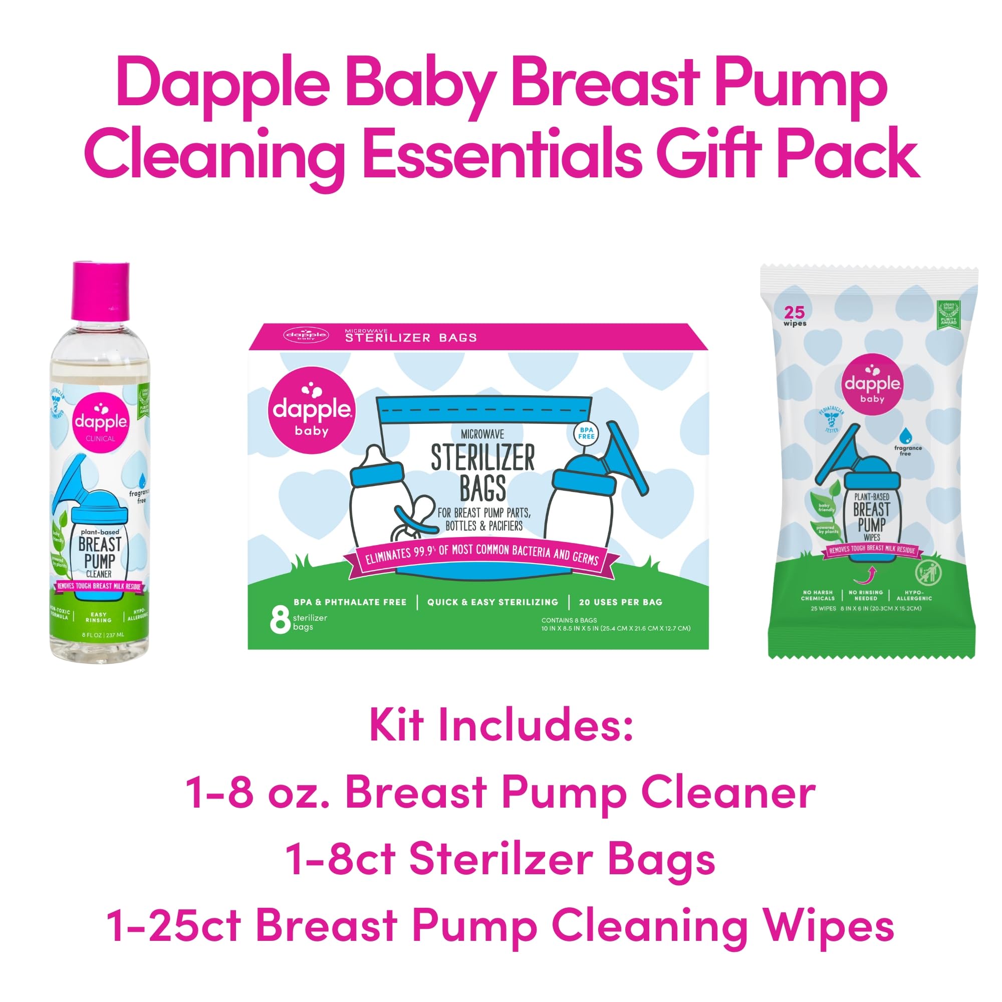 Dapple Breast Pump Cleaning Kit - Hypoallergenic, Plant-Based Wipes & Soap for Milk Residue Removal - 25 Cleaning Wipes, 8oz Soap & 8 Sterilizer Bags - Safe for Nursing Moms & Babies - Perfect for On-the-Go Pumping at Work or Travel