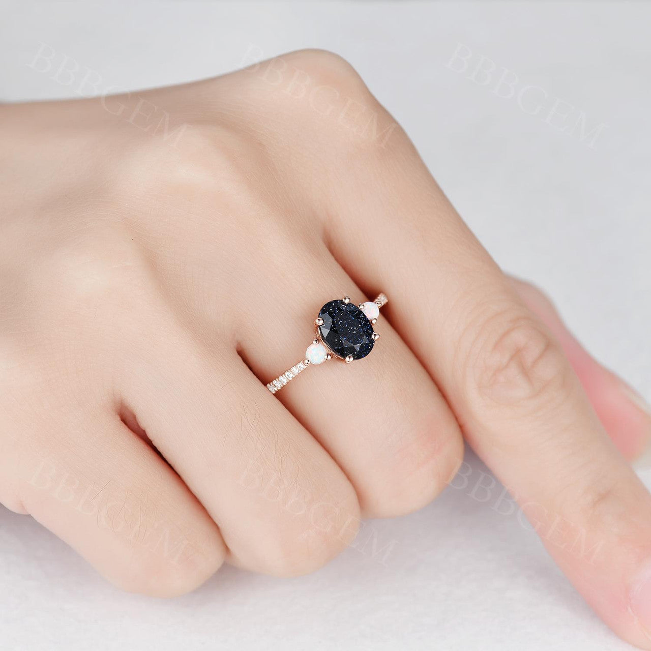 5x7mm Oval Cut Blue Sandstone Three Stone Engagement Ring - Half Eternity Diamond Wedding Band for Women - Perfect for Proposals, Anniversaries & Romantic Occasions
