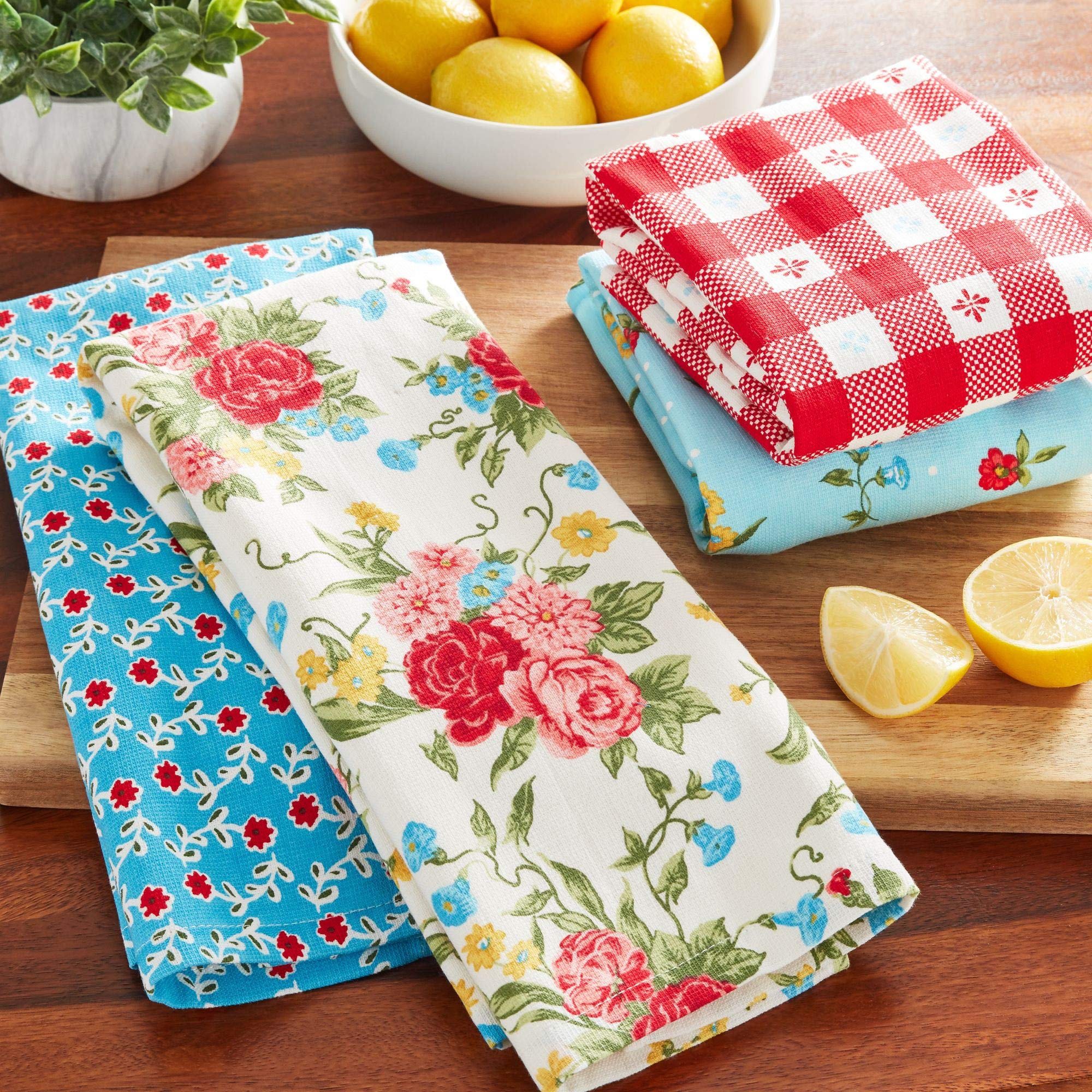 The Pioneer Woman Sweet Rose Kitchen Towels Set of 4 - Soft & Absorbent Cotton Dish Towels for Drying Dishes, Cleaning Countertops & Decorating Farmhouse Kitchens
