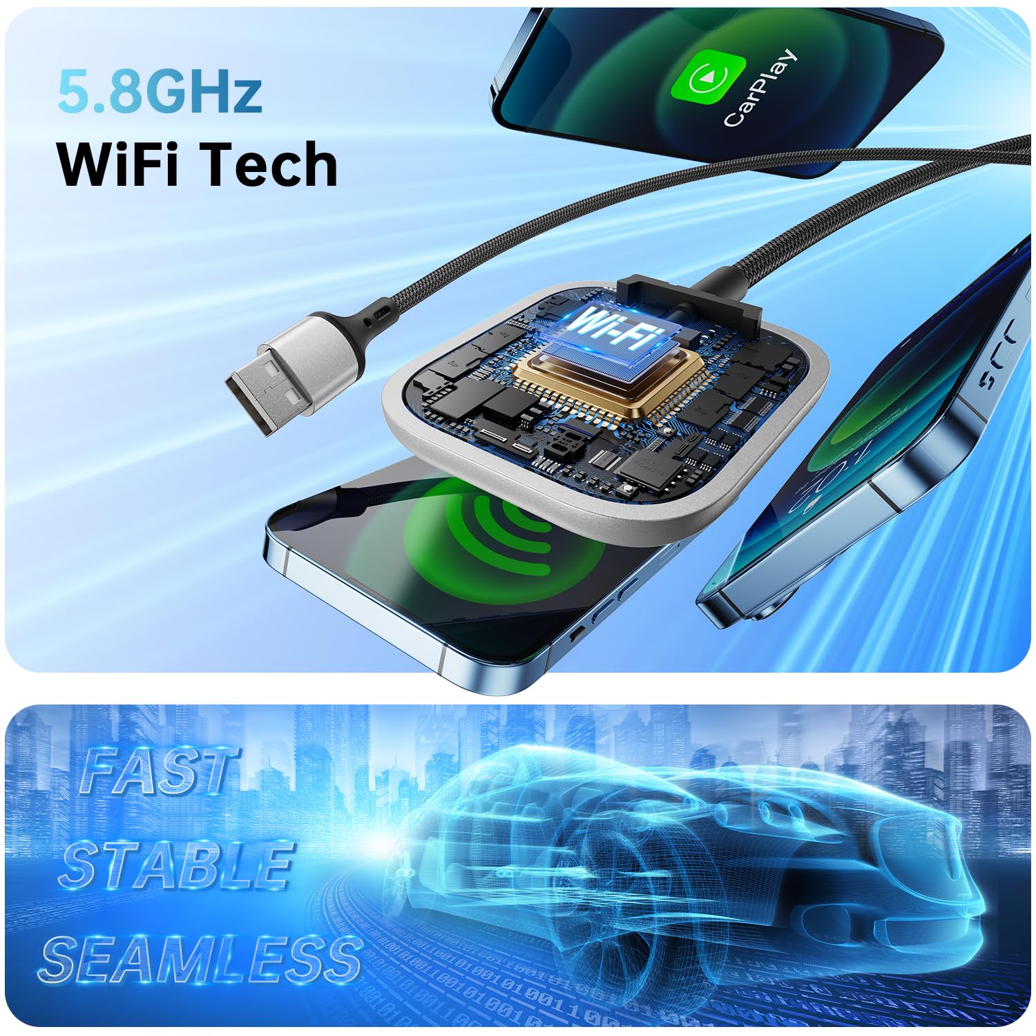 Wireless CarPlay Adapter for iPhone - Upgrade Wired to Wireless Apple CarPlay Dongle, Plug & Play, Fast Connection, Compact Design - Perfect for Commuting, Road Trips & Hands-Free Driving in Cars with Built-in CarPlay