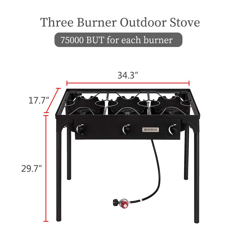 ROVSUN 225,000 BTU 3-Burner Outdoor Propane Gas Stove with Regulator - High Pressure Stand Cooker for Backyard BBQ, Camping, Home Brewing, Canning & Turkey Frying | Perfect for Outdoor Cooking, Tailgating & Large Gatherings