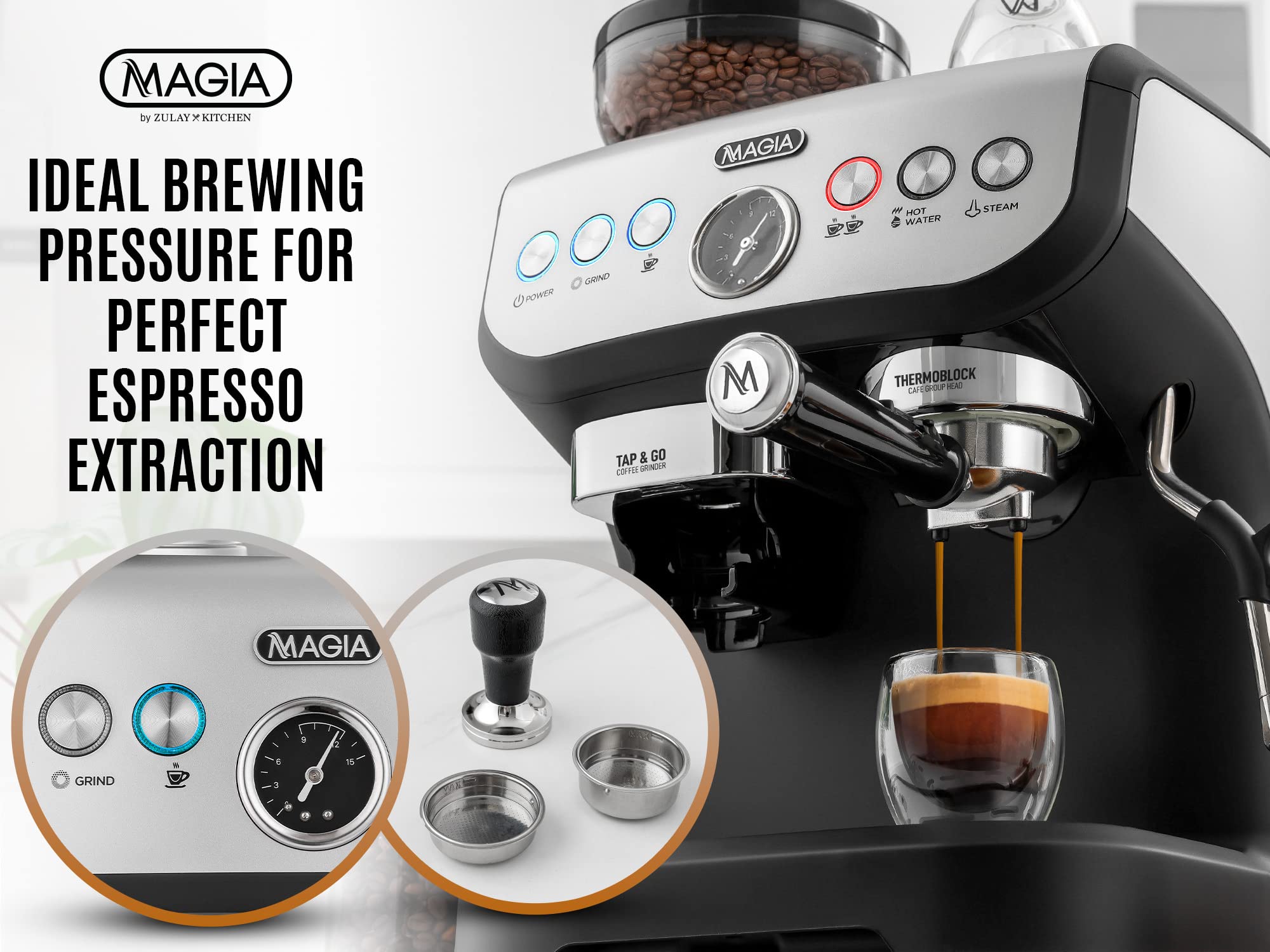 Zulay Kitchen Magia Manual Espresso Machine with Built-in Grinder & Milk Frother - 15 Bar Pressure Pump for Perfect Espresso, Cappuccino & Latte - 2L Large Removable Water Tank - Ideal for Home Baristas & Coffee Lovers
