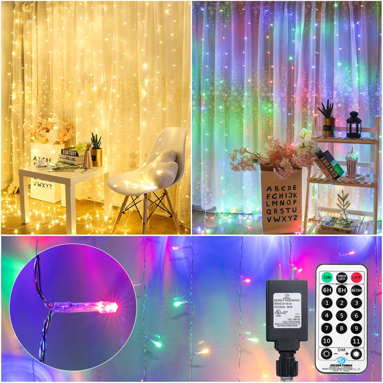 Brightown 300 LED Curtain Lights - 9.8x9.8ft Fairy String Lights with Remote Control, 11 Lighting Modes & 2 Colors for Bedroom, Window, Party Backdrop - Perfect for Weddings, Christmas Decorations and Outdoor Events