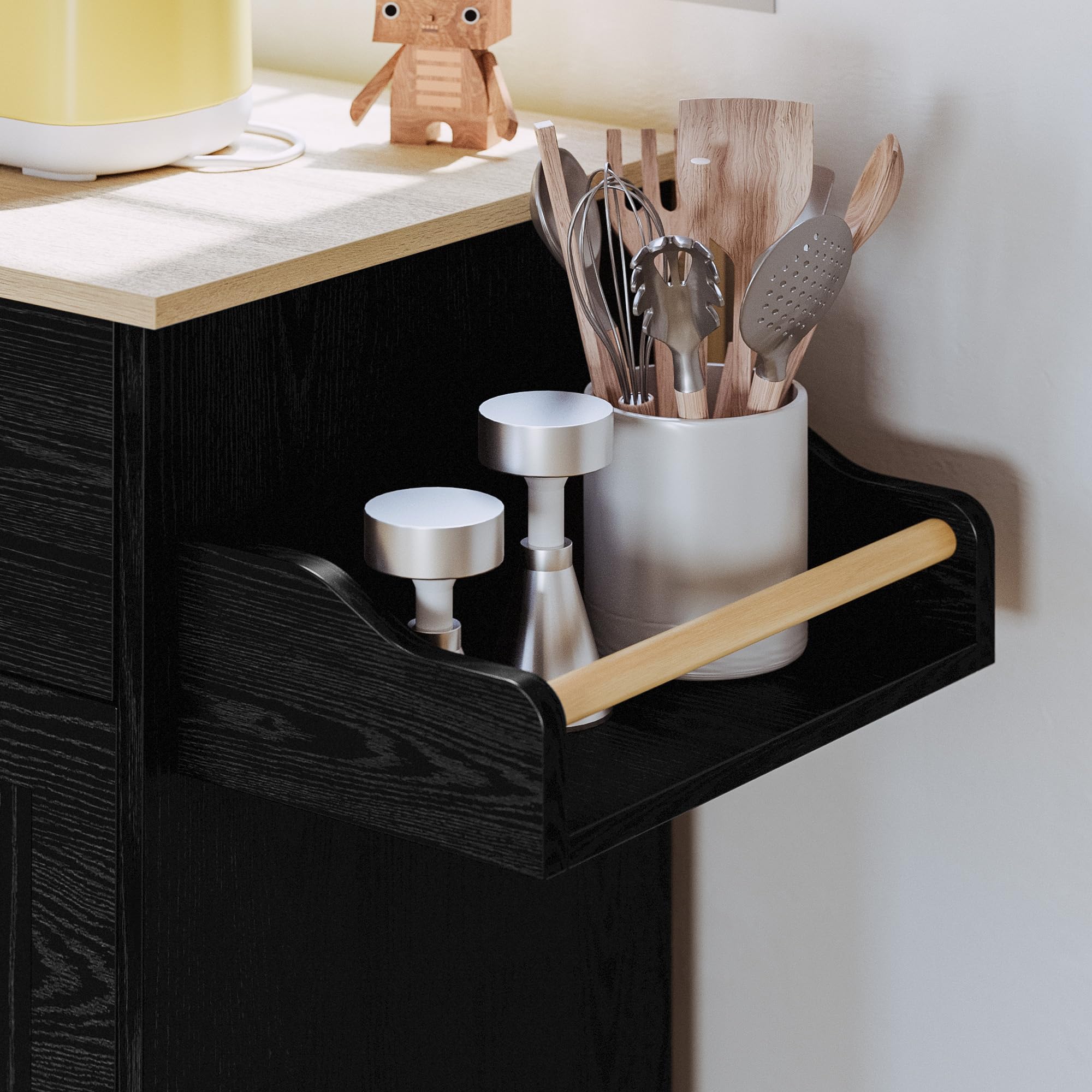 IRONCK Black Kitchen Island Cart with Storage - Rolling Mobile Kitchen Island with Drop Leaf, Charging Station, 3-Tier Spice Rack, Cabinet & Drawer - Perfect for Small Kitchens, Dining Areas & Food Prep Stations