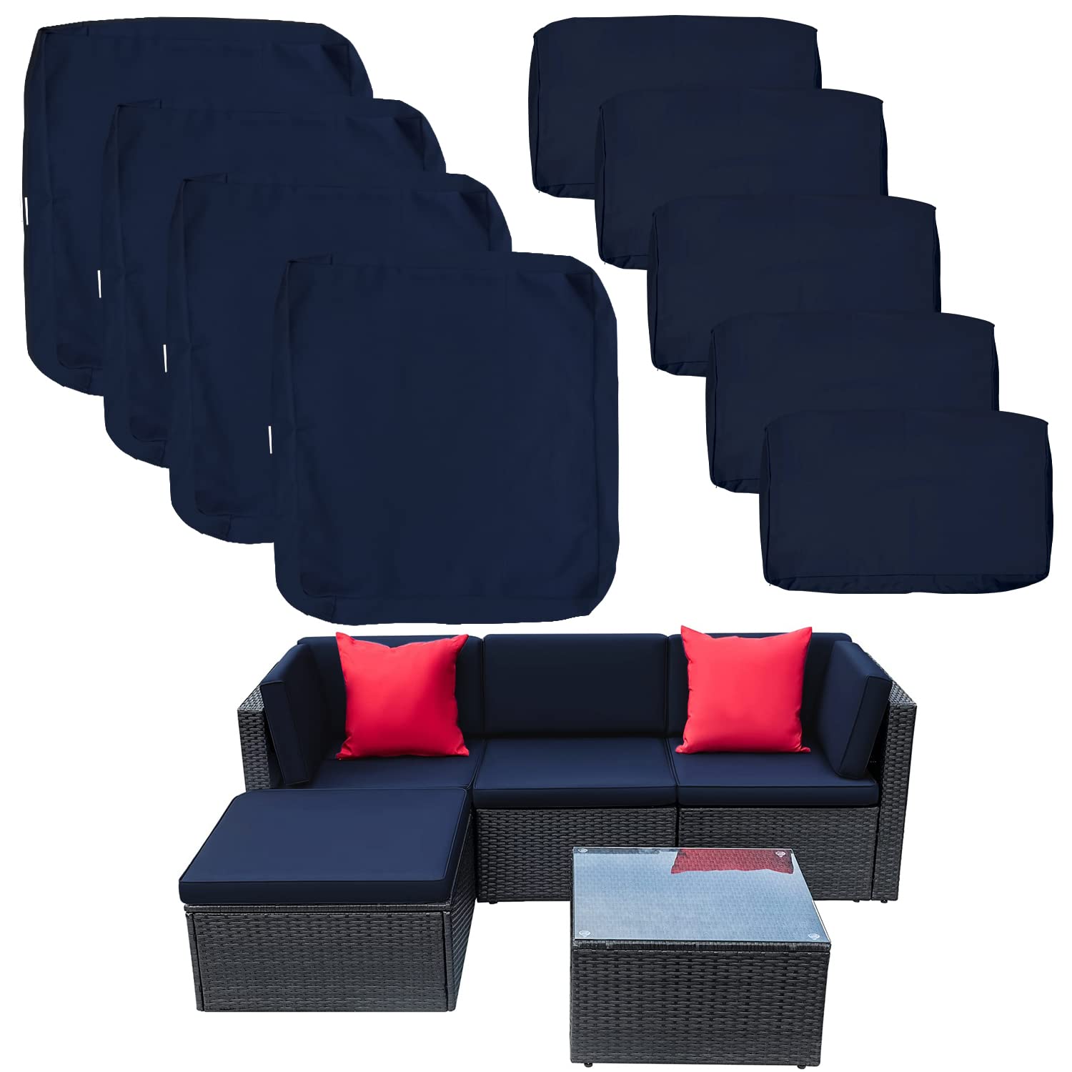 9 Pack Outdoor Patio Cushion Covers Set - Navy Blue Replacement Covers for 5-Piece 4-Seater Wicker Rattan Sectional Sofa (Large Size) - Waterproof & UV Resistant for Backyard, Poolside, and Deck Furniture Protection