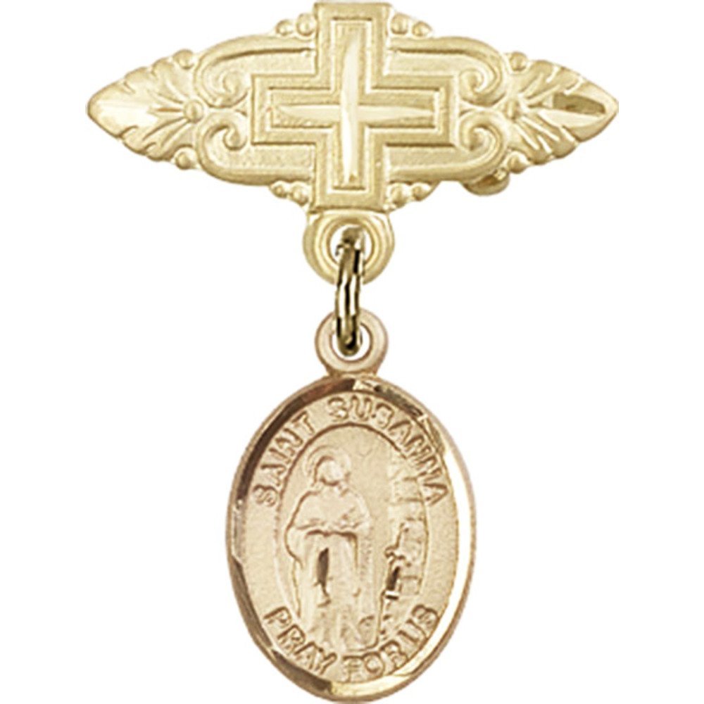 Gold Filled Baby Badge with St. Susanna Charm & Cross Pin - 1 X 3/4 Inch Religious Jewelry - Perfect for Christening Gifts, Baptism Keepsakes & First Communion Accessories