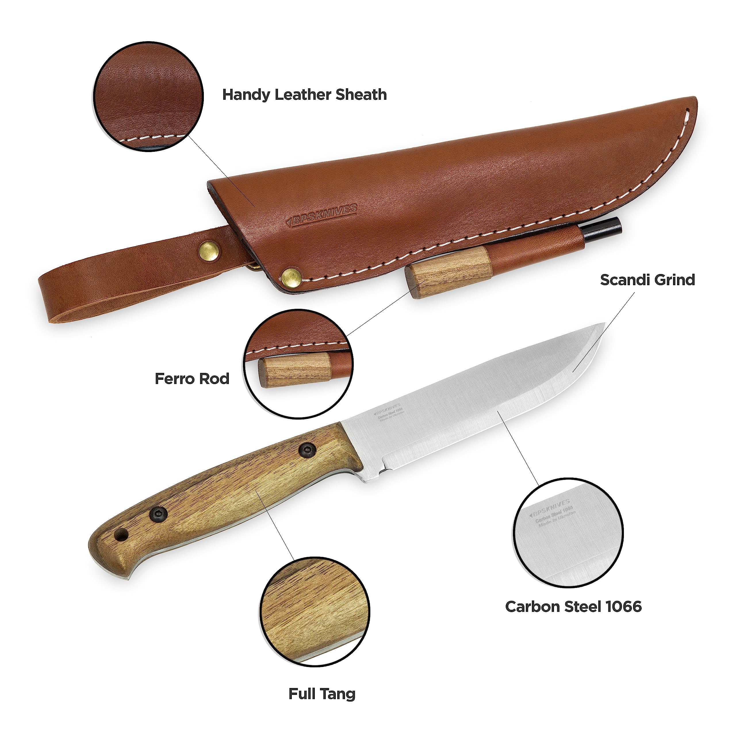BPS Knives Adventurer - Full Tang Carbon Steel Bushcraft Knife with Leather Sheath & Fire Starter - Survival Tactical Camping Knife for Outdoor Adventures, Hunting, Hiking & Wilderness Survival