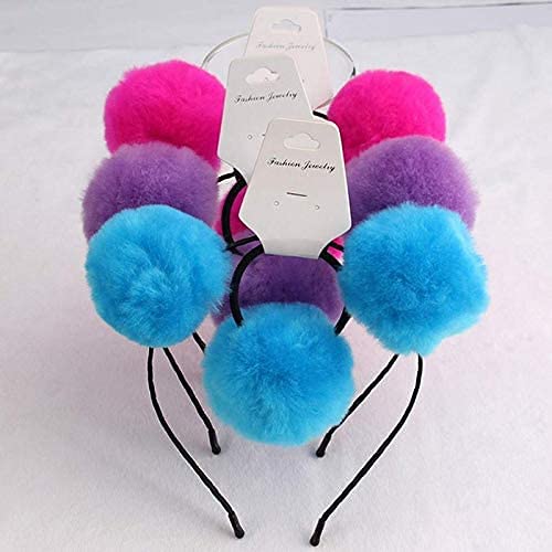 Homeoculture Fluffy Big Pompom Ball Headband 2-Pack - Cute Hair Scrunchies for Women & Kids - Soft Hair Ties for School, Parties, and Daily Wear