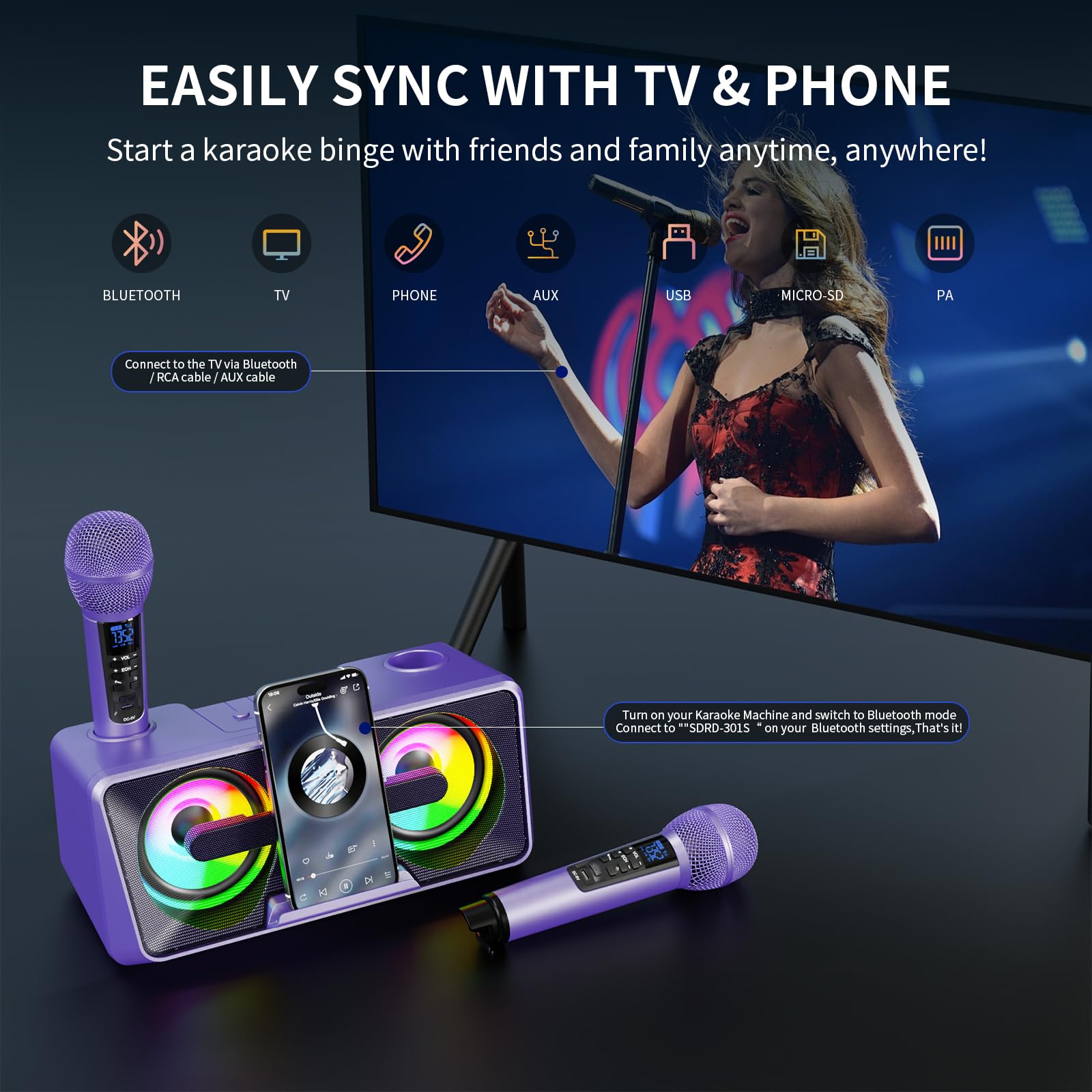 **Portable Bluetooth Karaoke Machine with 2 UHF Wireless Microphones & Disco Lights - PA Speaker System for Home Parties, Picnics, Cars, and Outdoor Events - Perfect Birthday Gift for Adults & Kids**    *(Use Cases: Singing at home parties, outdoor gatherings, birthday celebrations, car karaoke, and family entertainment.)*