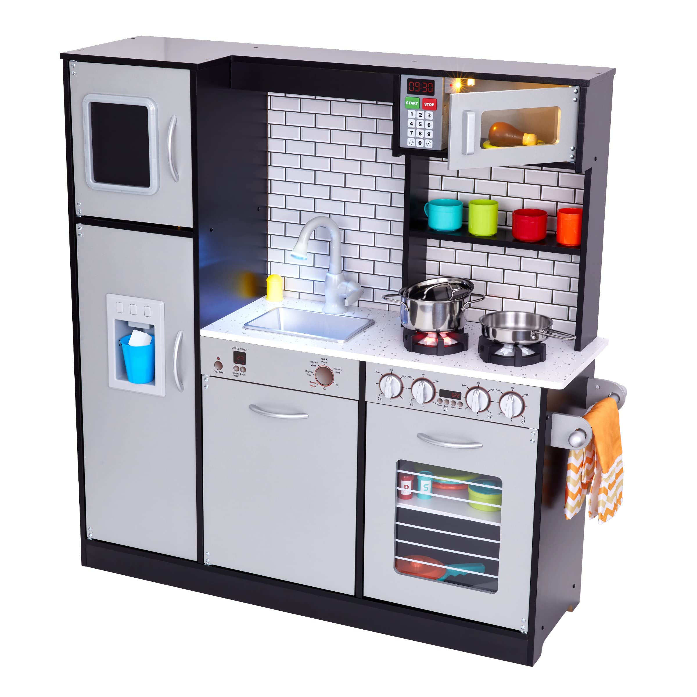 **Lil' Jumbl Kids Wooden Play Kitchen Set with Realistic Sounds & Lights - Battery Operated Icemaker, Burners, Faucet & Microwave - Includes Pots & Pans - Charcoal - Perfect for Pretend Play & Early Learning**