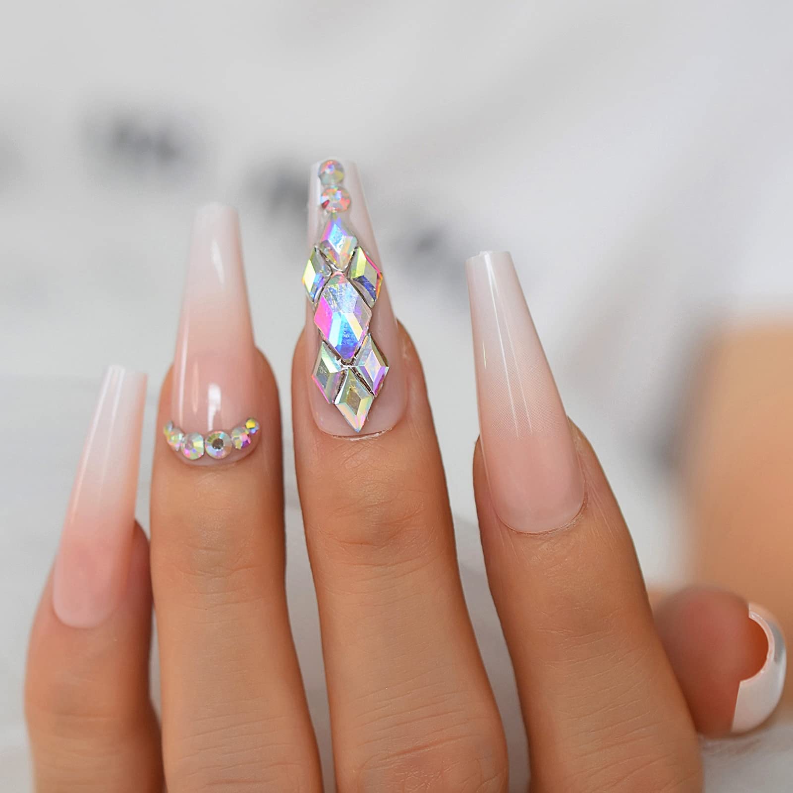 Extra Long Press On Fake Nails - Ombre 3D Bling Coffin Ballerina False Nails with Rhinestones | Perfect for Parties, Weddings & Special Occasions