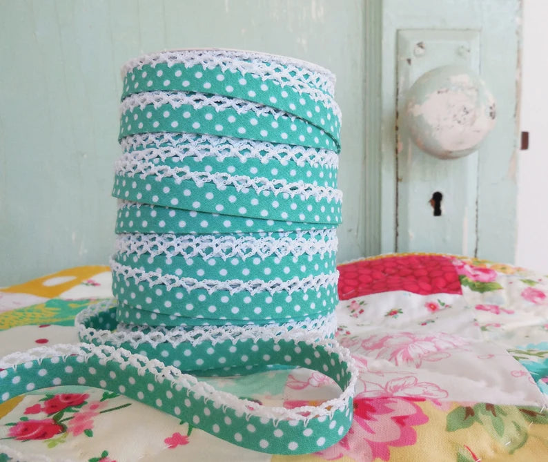 Seafoam Green Polka Dot Double Fold Crochet Edge Lace Bias Tape by the Yard - Perfect for Quilting, Sewing & DIY Craft Projects