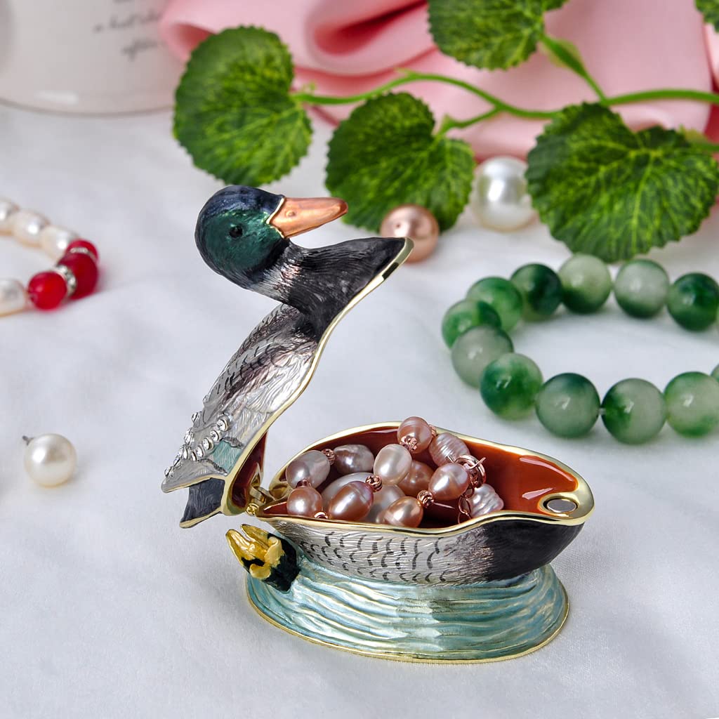 Golden Crystal Enameled Mallard Duck Jewelry Box - Hand-Painted Hinged Bird Trinket Box for Home Décor, Unique Gift for Bird Lovers | Perfect for Jewelry Storage, Display Shelf & Wedding Gift