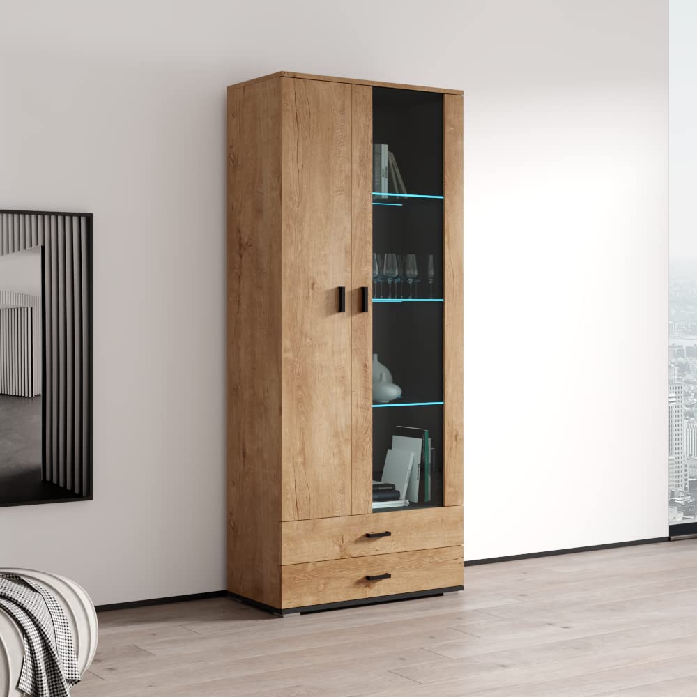 Modern Soho S6 2D2S Freestanding Bookcase - Customizable LED Light Wooden Bookshelf with Mirror Cabinet - Durable Oak Storage Shelf for Living Room, Office & Bedroom Organization
