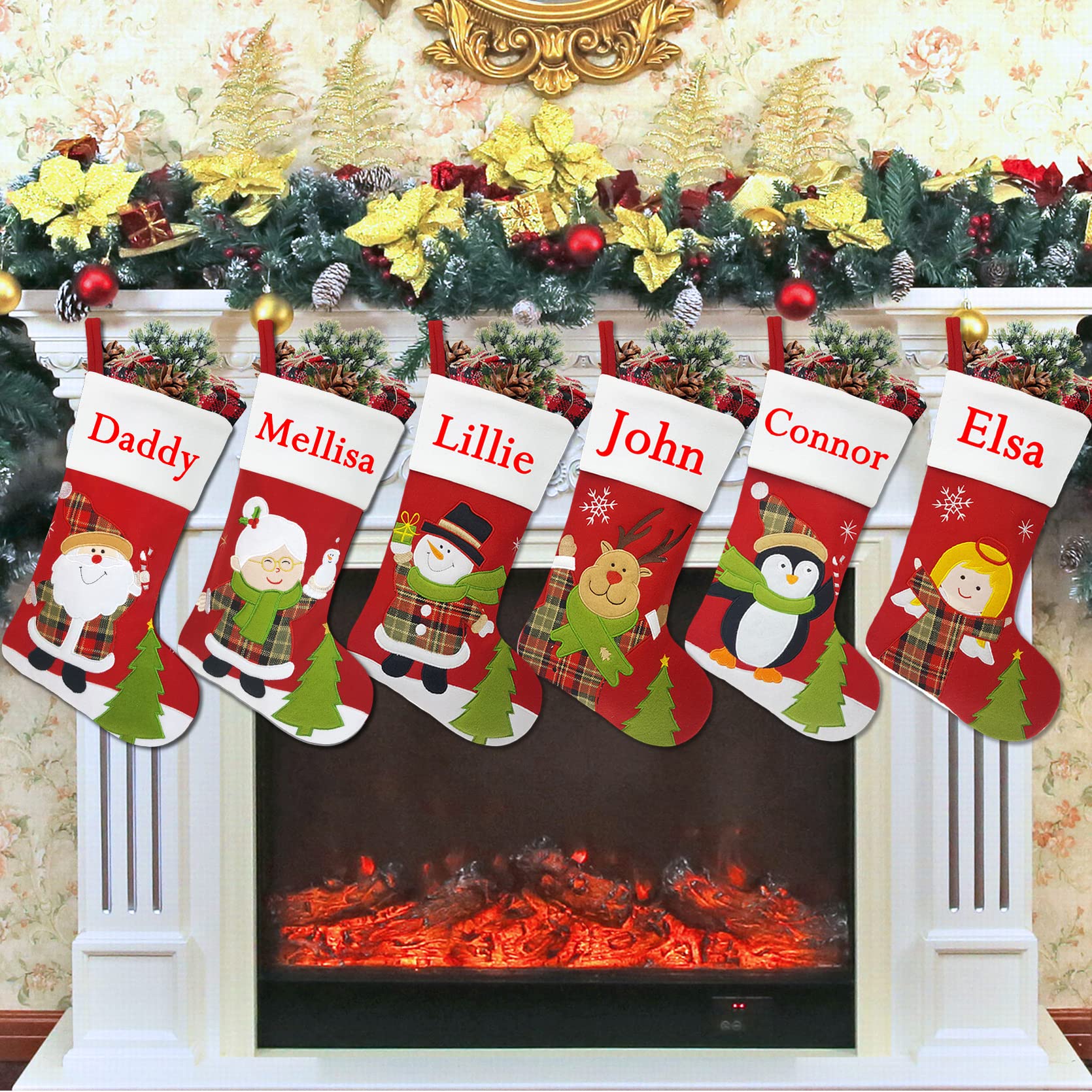 Set of 6 Personalized Christmas Stockings - 18 Inch Fleece Stockings with Embroidered Names (Santa, Mrs. Claus, Snowman, Deer, Penguin, Angel) for Family Holiday Decor - Perfect for Fireplace Mantel, Gift Giving & Festive Home Decoration