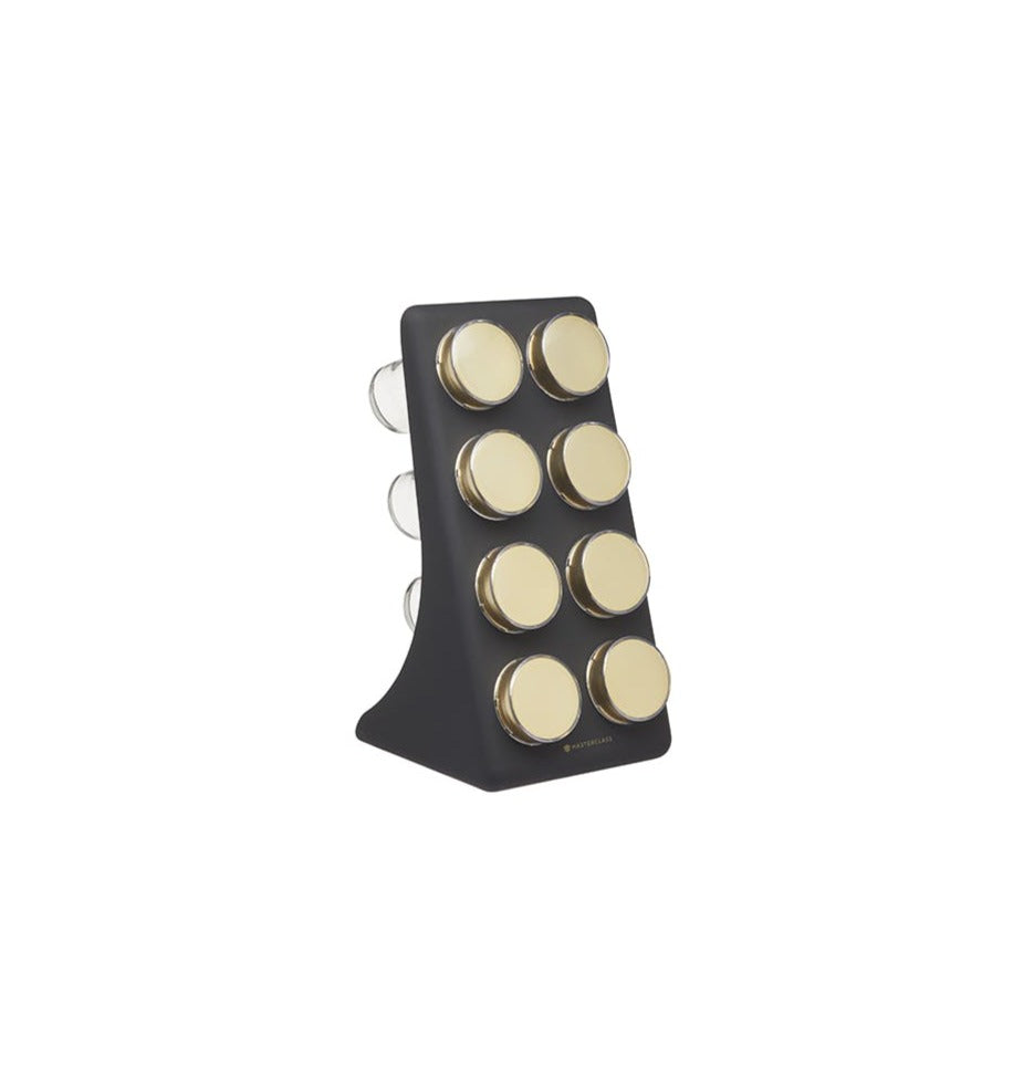Premium 8-Jar Spice Rack with Elegant Brass Finish Lids - Perfect for Kitchen Organization & Stylish Countertop Display