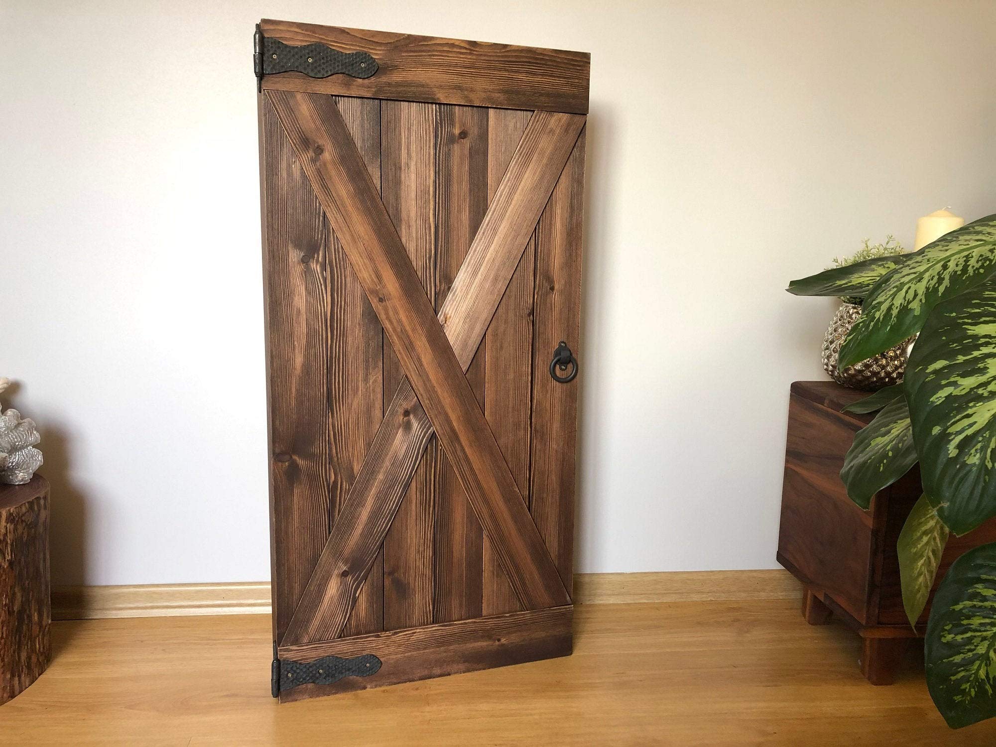Large Solid Wood Barn Door Jewelry Cabinet - Wall Mounted Earring Organizer & Necklace Display - Distressed Chocolate Finish Armoire for Bracelets, Rings & Accessories - Perfect for Bedroom, Closet or Gift