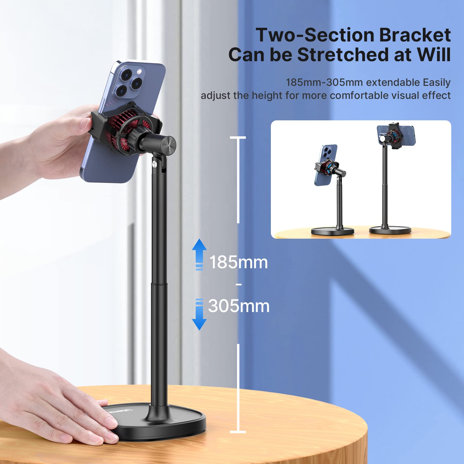 ULANZI SK-06 Adjustable Phone Stand with Cooling Fan - Universal Desktop Phone Holder for iPhone & Android - Perfect for Live Streaming, Gaming & Video Calls
