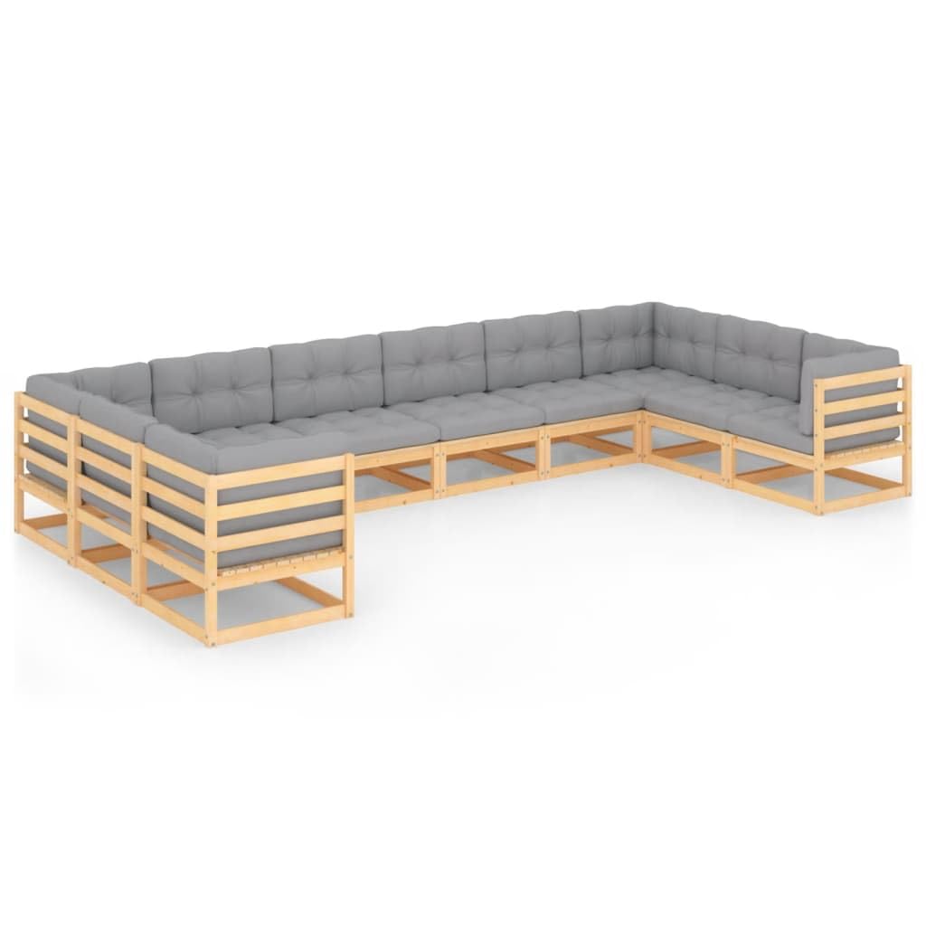 vidaXL Solid Pinewood Patio Lounge Set with Cushions, Gray - 10-Piece Comfortable Outdoor Furniture Set for Garden, Deck, Poolside & Backyard Relaxation