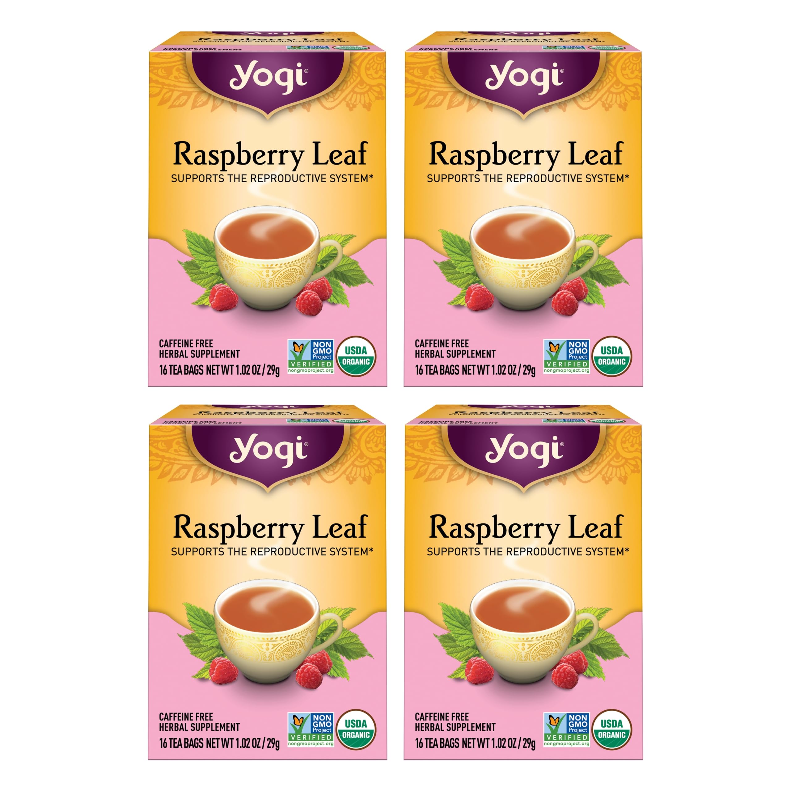 Organic Yogi Raspberry Leaf Tea for Women's Reproductive Health - Caffeine-Free Herbal Tea Bags - 16 Tea Bags per Pack (4 Packs) - Perfect for Pregnancy Support & Hormonal Balance