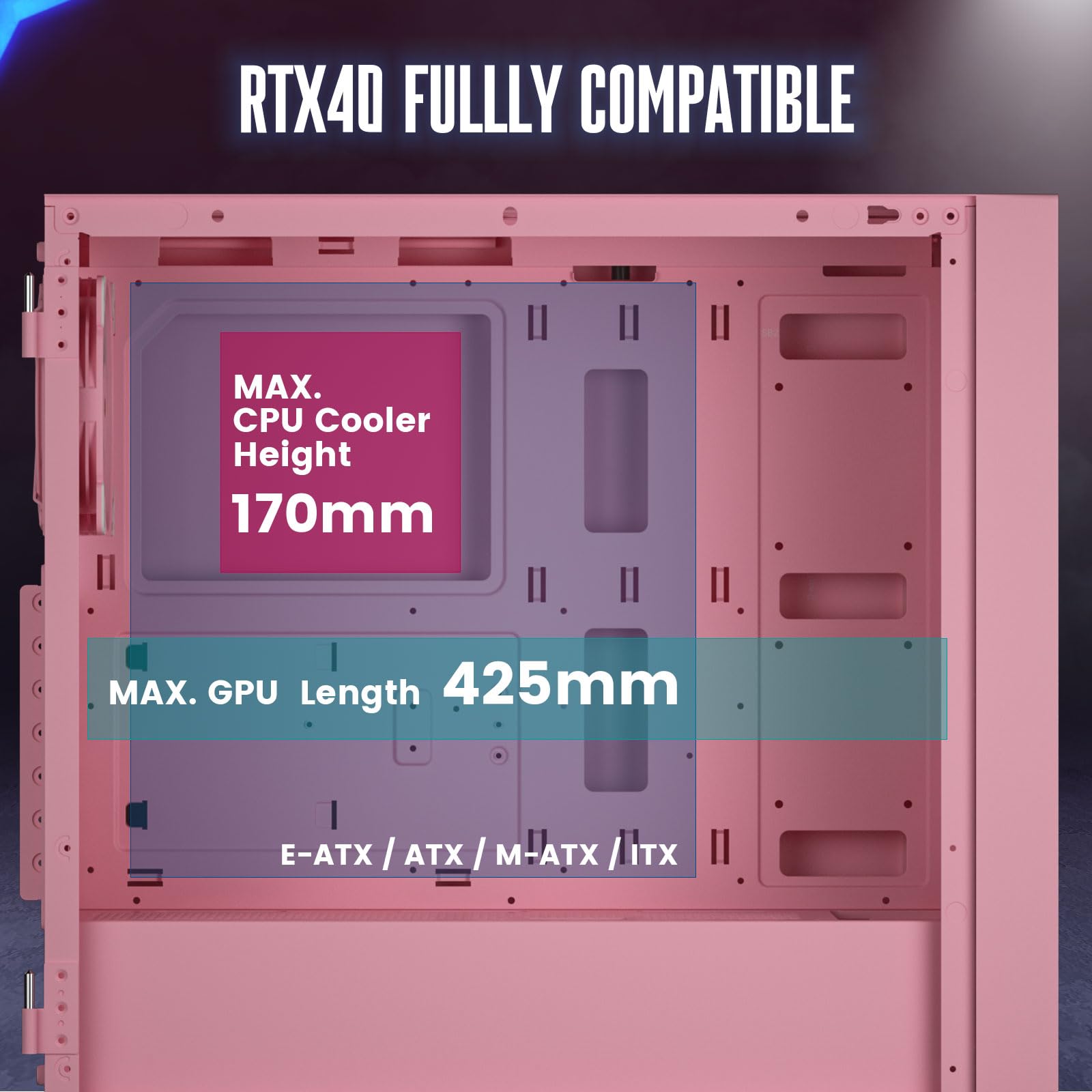VETROO AL800 Full Tower PC Case - Tempered Glass Door, E-ATX/ATX Motherboard Support, Adjustable LED Strip, Pre-Installed ARGB & PWM FDB Fan, 40 Series GPU Compatible - Pink | Perfect for Gaming Rigs, Workstations & Custom PC Builds