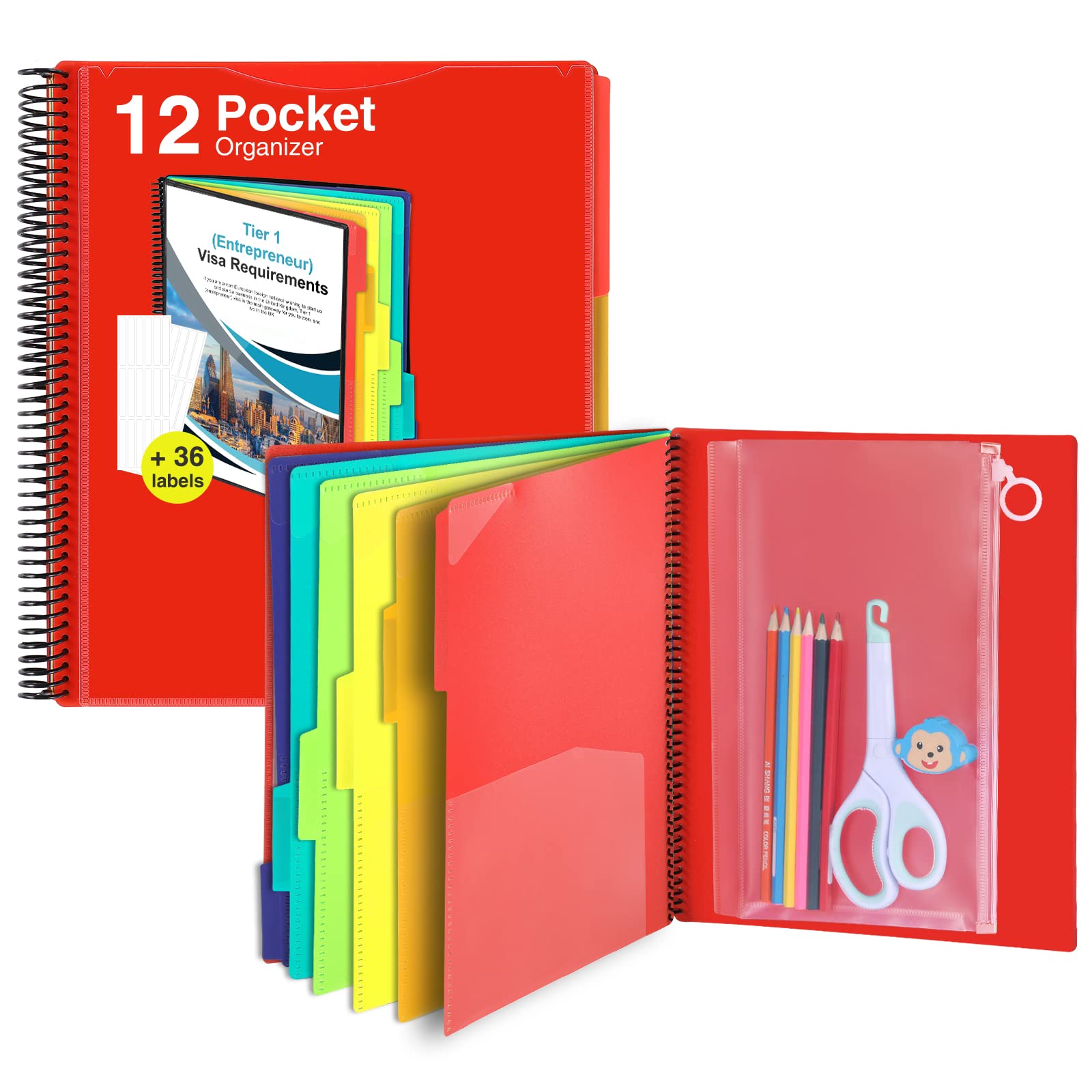 12 Pocket Project Organizer with Sticky Labels & Zipper Pouch - 1/6-Cut Tab Spiral Binder Folder for Office, School & Travel - Letter Size Multi-Pocket Notebook in Red