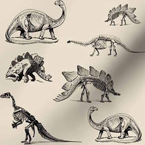 Premium Spoonflower Upholstery Velvet Fabric by The Yard - Black & Cream Animal Skeletons & Dino Stegosaurus Print for Nursery Decor, Home Upholstery, and Apparel | Perfect for DIY Projects, Kids' Rooms, and Fashion Design