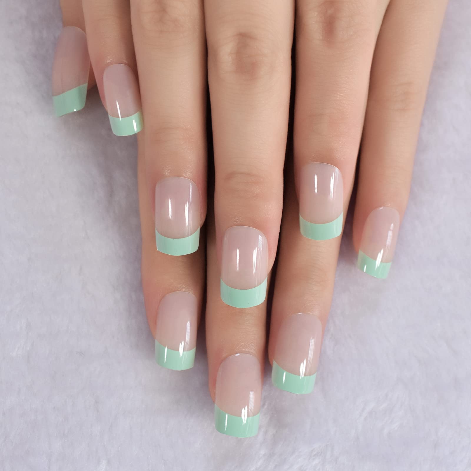 Natural Nude Green Edge French Press-On Nail Tips - Short Squoval False Nails for Salon & DIY Manicure | Reusable Artificial Nails for Daily Wear, Office & Home | Perfect for Work, Parties & Special Occasions