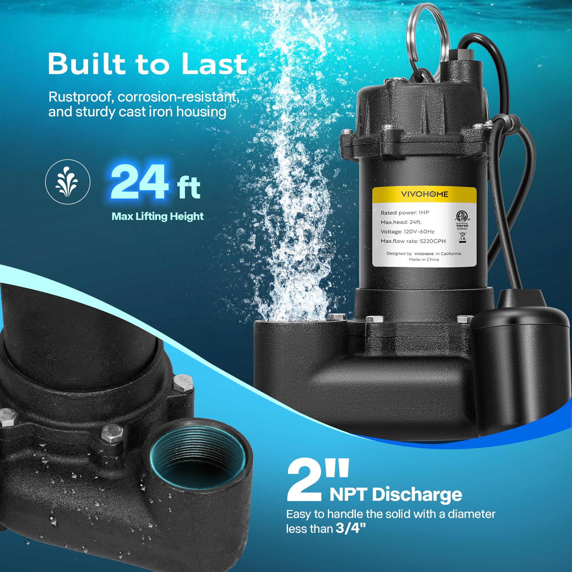 VIVOHOME 1 HP Submersible Cast Iron Sewage Pump | 5220 GPH High Flow Sump Pump with Float Switch & 2'' NPT Discharge | for Basement Flooding, Septic Tank, Effluent Drainage, Pond Water Removal