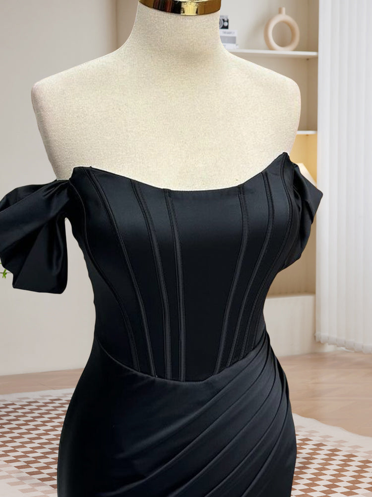 Elegant Black Off Shoulder Satin Mermaid Prom Dress - Long Evening Gown for Formal Events, Homecoming, and Special Occasions