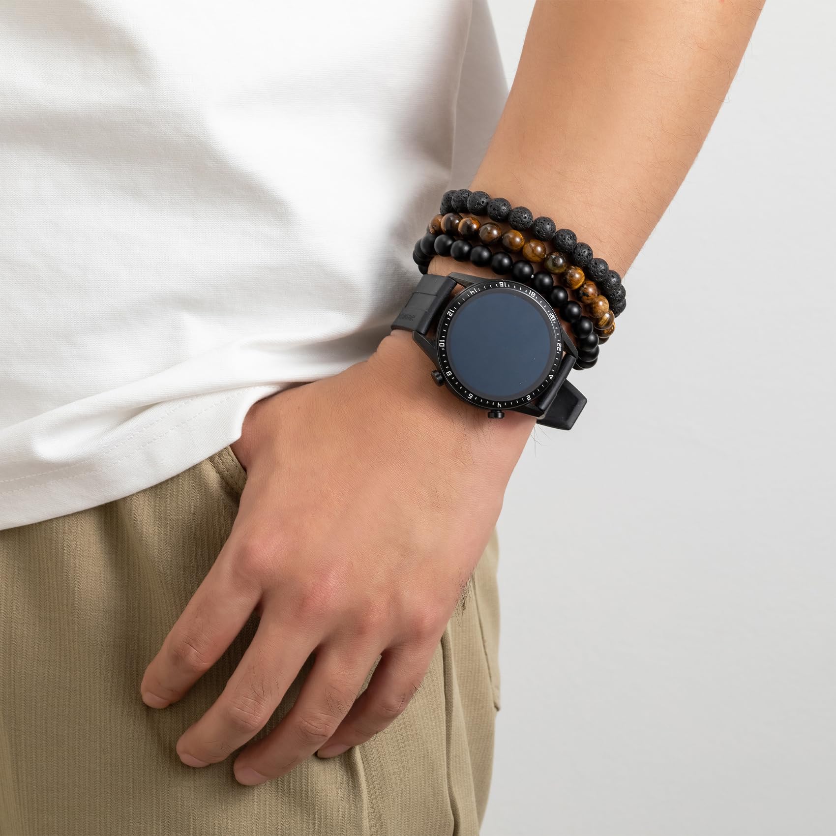 MOROTOLE Men's Beaded Bracelet Set - 8MM Natural Tiger Eye Stone & Lava Rock Stretch Bracelet with Black Crystal Beads - Adjustable for Wrist Sizes - Perfect Gift for Men, Father, Boyfriend, Brother - Ideal for Casual Wear, Office, and Outdoor Adventures