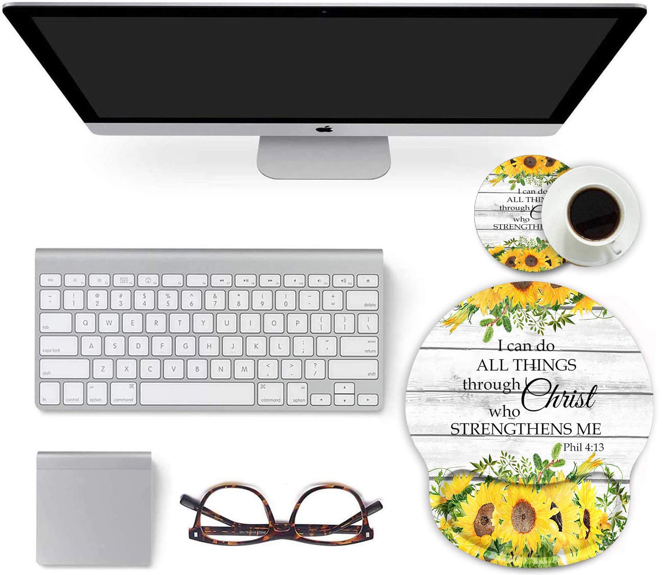 Ergonomic Mouse Pad with Gel Wrist Support - Non-Slip PU Base for Computer & Office Use - Gaming Mousepad with Pain Relief - Bible Verse Philippians 4-13 & Sunflower Design - Includes Cup Coaster - Perfect for Home Office, Gaming Setup & Workstation Comfort