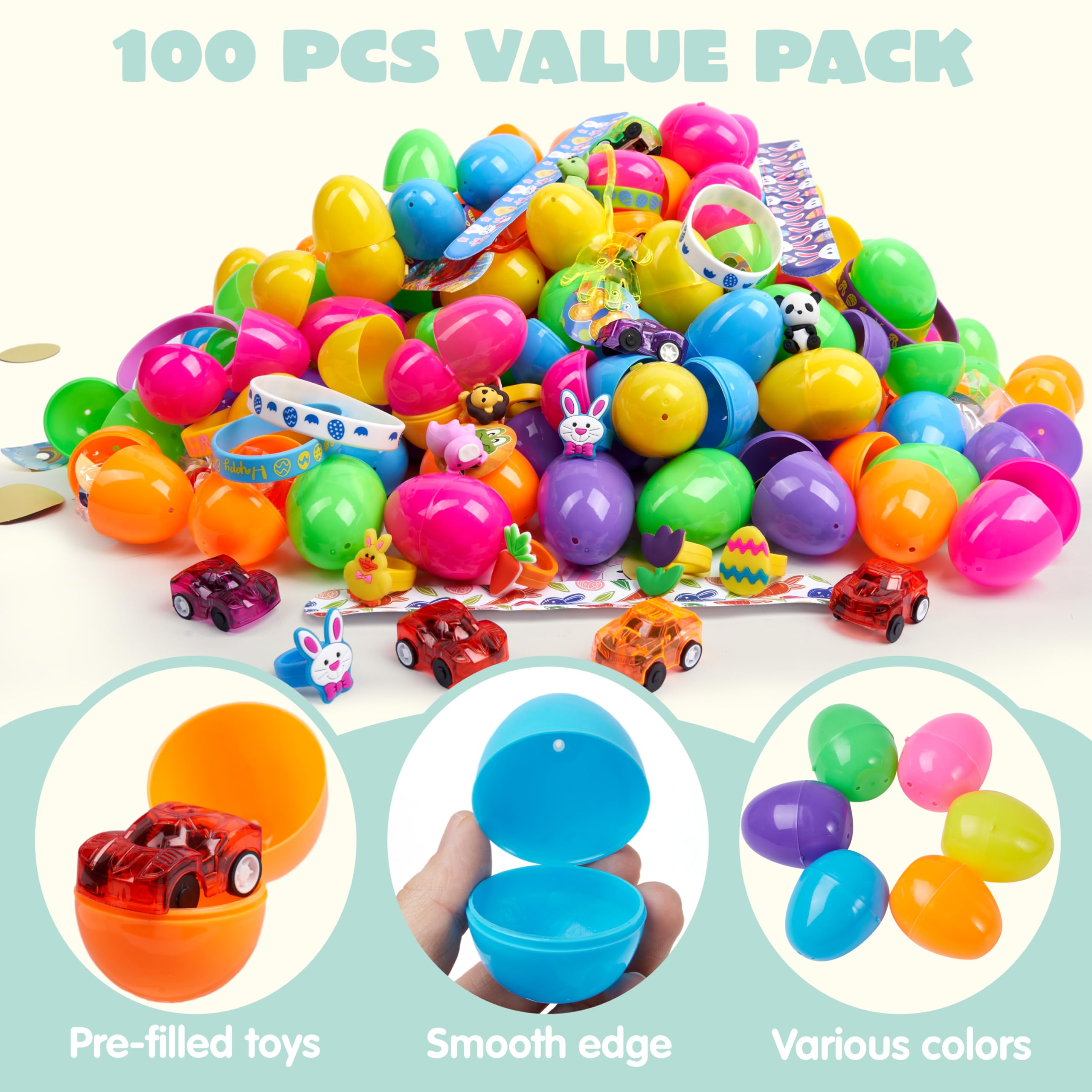 JOYIN 100 Pcs Prefilled Easter Eggs with Assorted Toys & Stickers - Easter Egg Hunt Supplies, Kids Basket Stuffers, Party Favors & Classroom Prizes - Perfect for Easter Celebrations, Birthday Parties & School Events