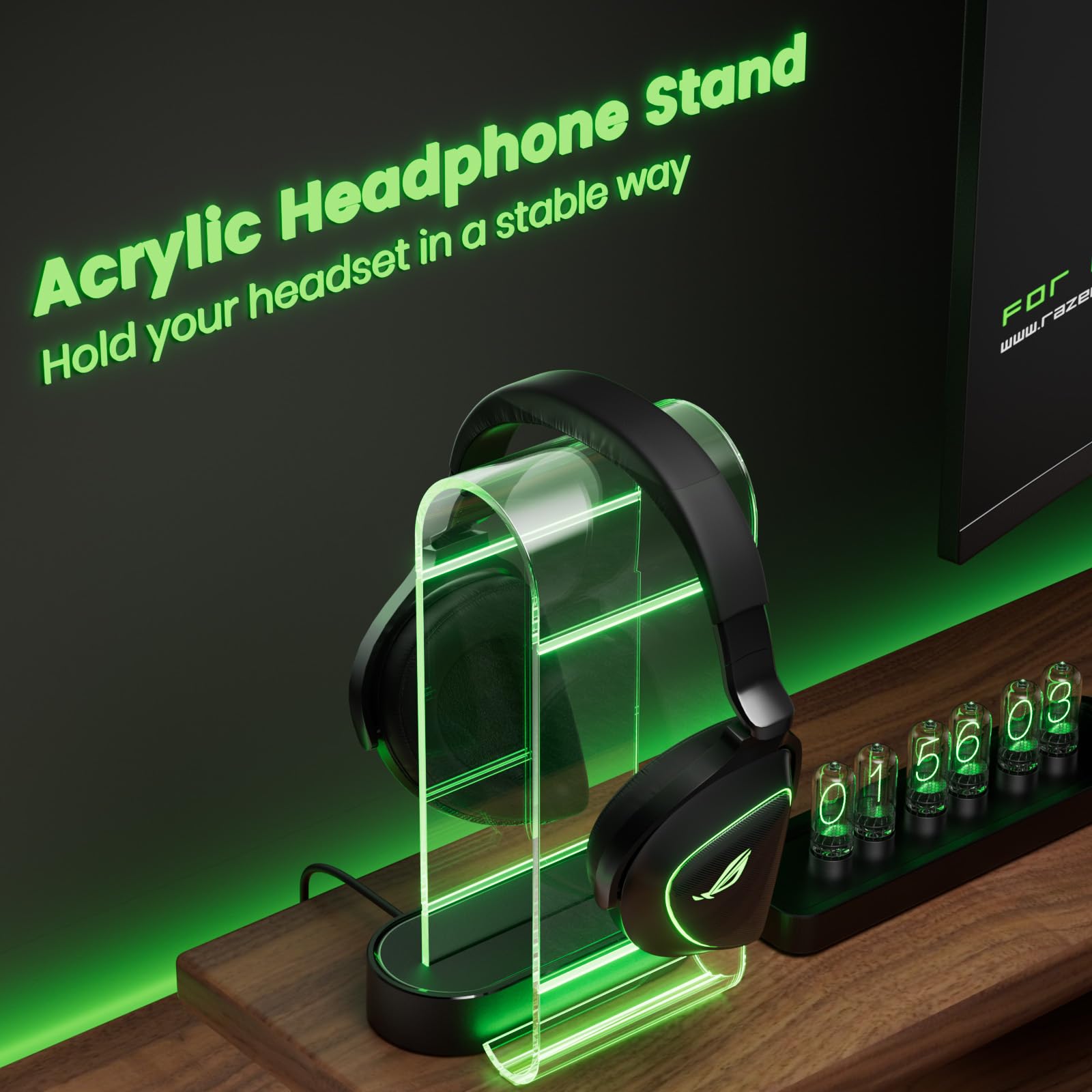 RGB Gaming Headphone Stand with USB Ports - Acrylic Headset Holder with 10 Light Effects, 1 USB-C & 2 USB-A Ports - PC Gaming Accessories for Gamers - Clear Desk Organizer for Gaming Setup, Streaming Station & Home Office