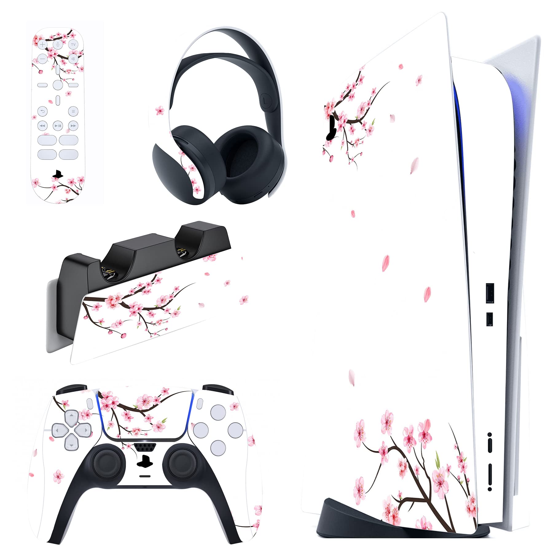 PlayVital Vinyl Skin Stickers for PS5 Console & Accessories - Cherry Blossom Design Protective Decal for PS5, Controller, Charging Dock, Headset & Media Remote | Gaming Setup Decoration & Scratch Protection