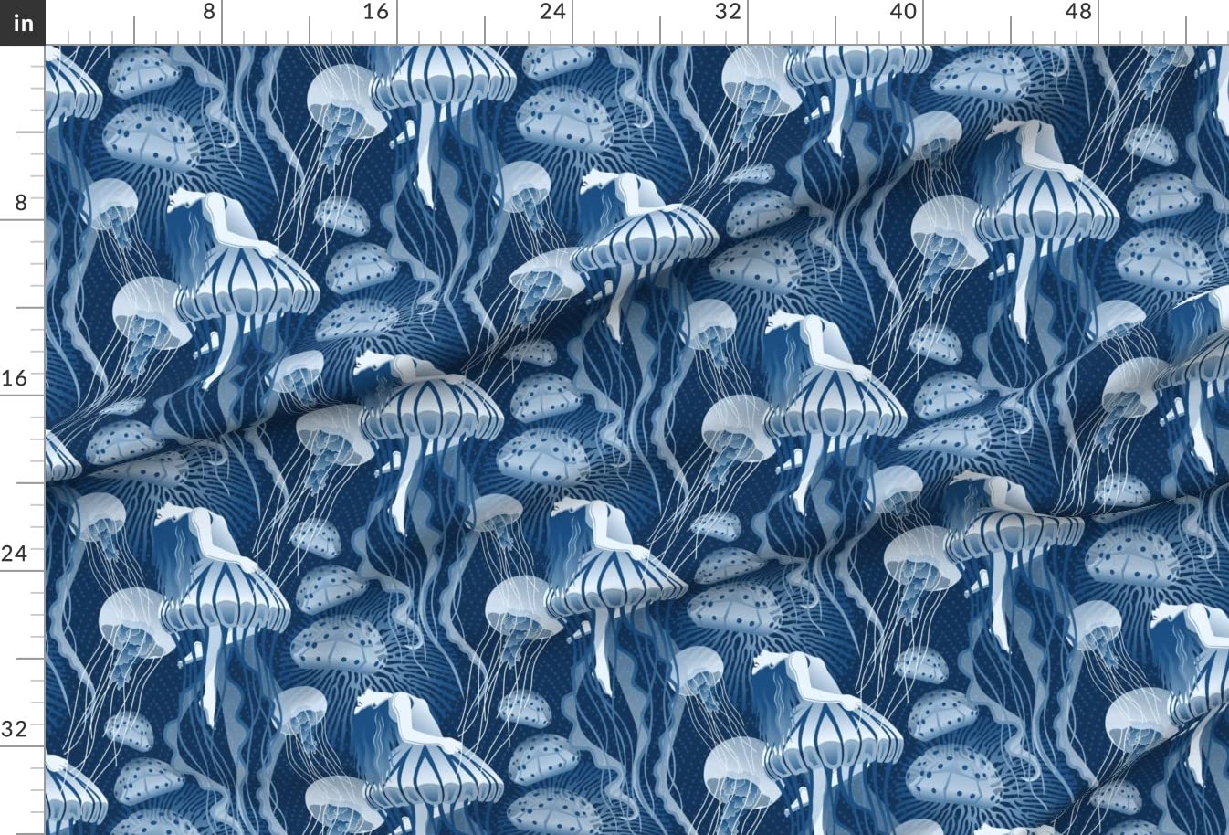 Underwater Dance Water Woman Printed Velvet Fabric by The Yard - Blue Magical Jellyfish Design for Upholstery, Home Decor & Apparel - Perfect for DIY Curtains, Throw Pillows & Fashion Projects