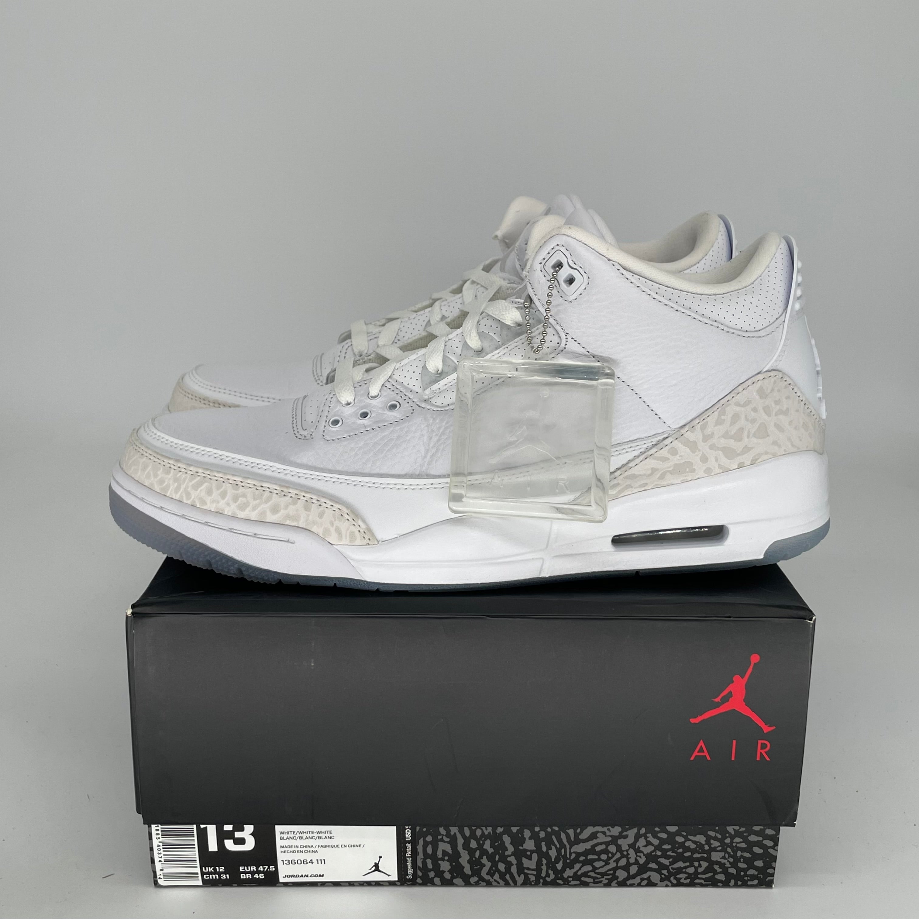 AIR JORDAN 3 RETRO PURE WHITE MEN'S BASKETBALL SHOES SIZE 13 (136064-111) - Perfect for Sneaker Collectors & Streetwear Fashion
