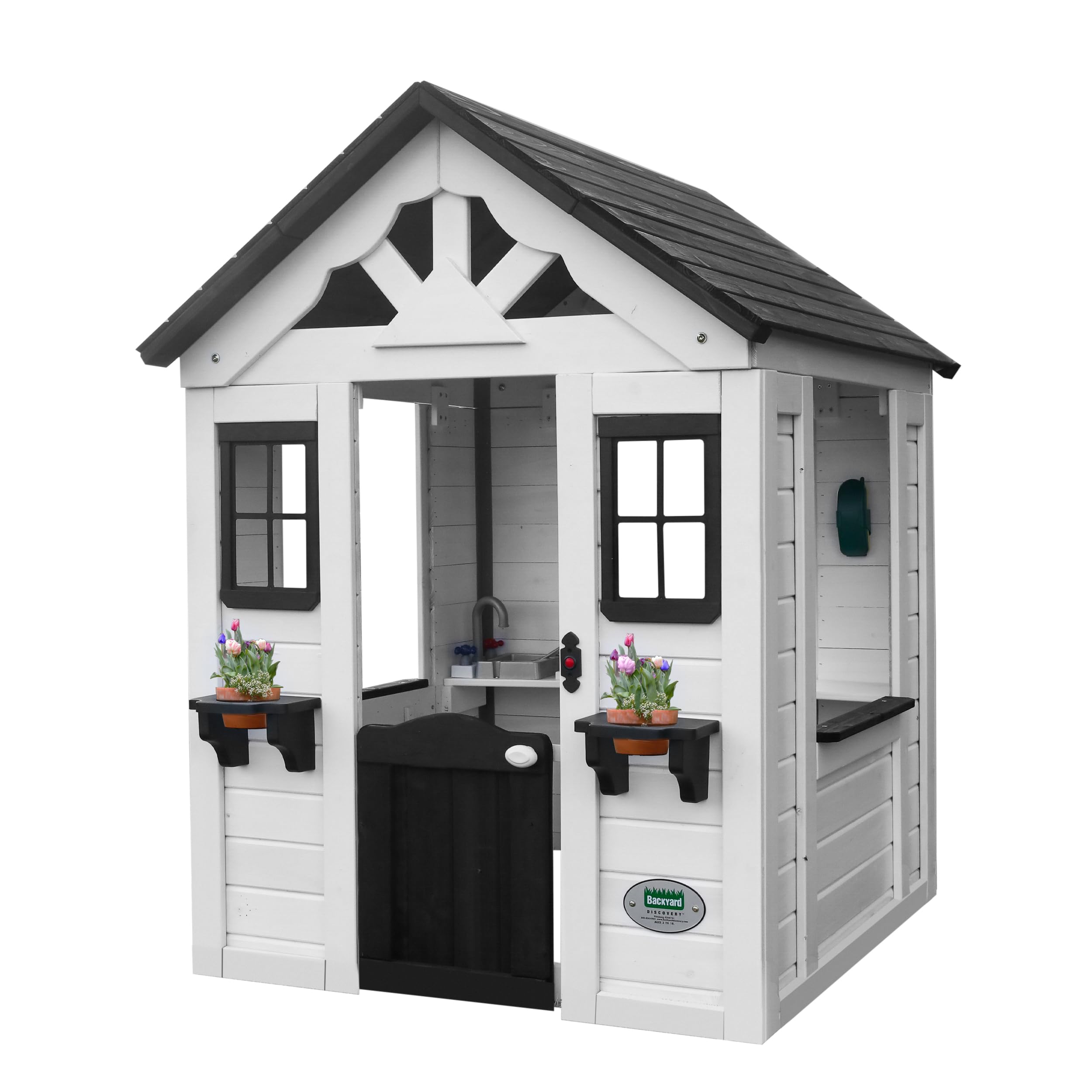 Backyard Discovery Sweetwater All Cedar White Modern Outdoor Wooden Playhouse for Kids Ages 2-6 - Cottage Style with Functional Sink, Stove, Windows & Kitchen Accessories Including Pots, Pans, Utensils & Flowerpot Holders - Features Working Doorbell for Imaginative Play | Perfect for Backyard Fun, Pretend Cooking & Outdoor Adventures