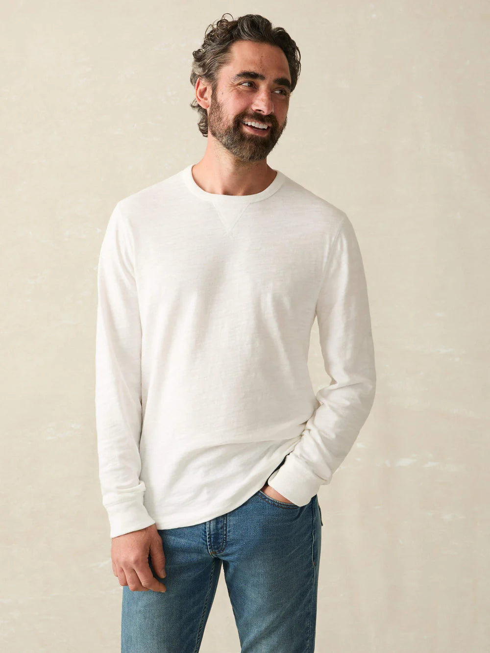Faherty Sunwashed Long Sleeve T-Shirt for Men - Soft Cotton Crewneck Shirt in White | Casual Wear, Beach Outfits & Layering Essential