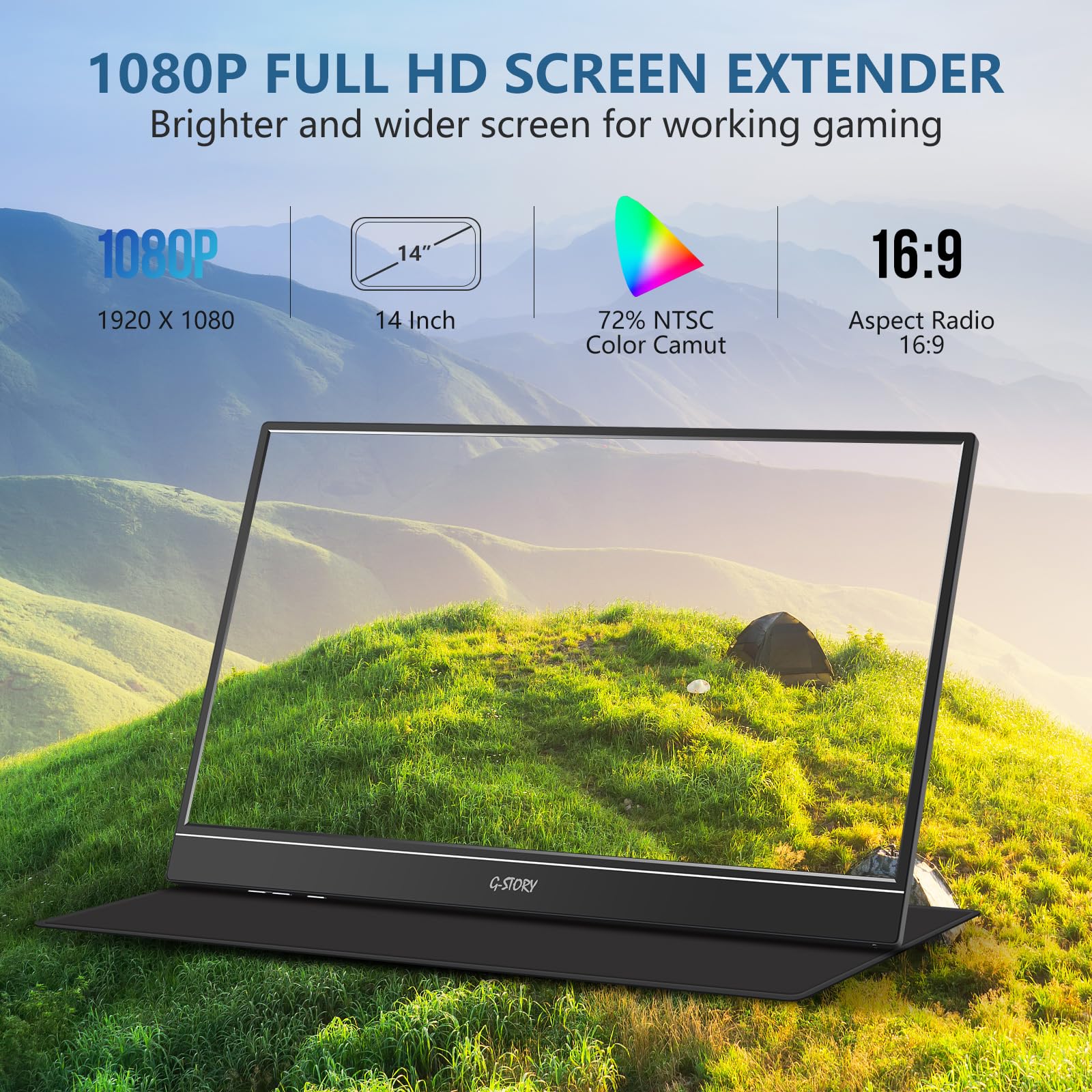 G-STORY 14 Inch FHD 1080P Portable Monitor with IPS Screen, USB-C & USB-A Connectivity, Adjustable Stand & Hidden Cable Design - Second Display for Laptop, PC, Mac, Phone - Perfect for Travel, Business & Remote Work