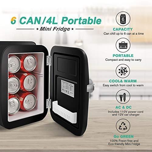 CROWNFUL 4L/6 Can Mini Fridge - Portable Cooler & Warmer for Skincare, Cosmetics, Food - Compact Personal Refrigerator for Bedroom, Office, Car, Dorm - ETL Certified (Black) | Perfect for Keeping Drinks Cold & Beauty Products Fresh at Home or On-the-Go