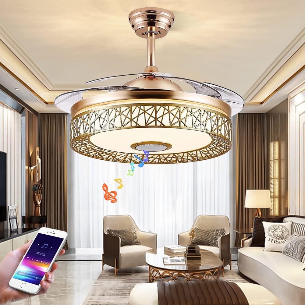42 Inch Gold Bluetooth Ceiling Fan with LED Lights & Music Player - Modern Chandelier Fan for Bedroom, Dining Room & Living Room | Smart Home Decor with Remote Control & Energy Saving Design