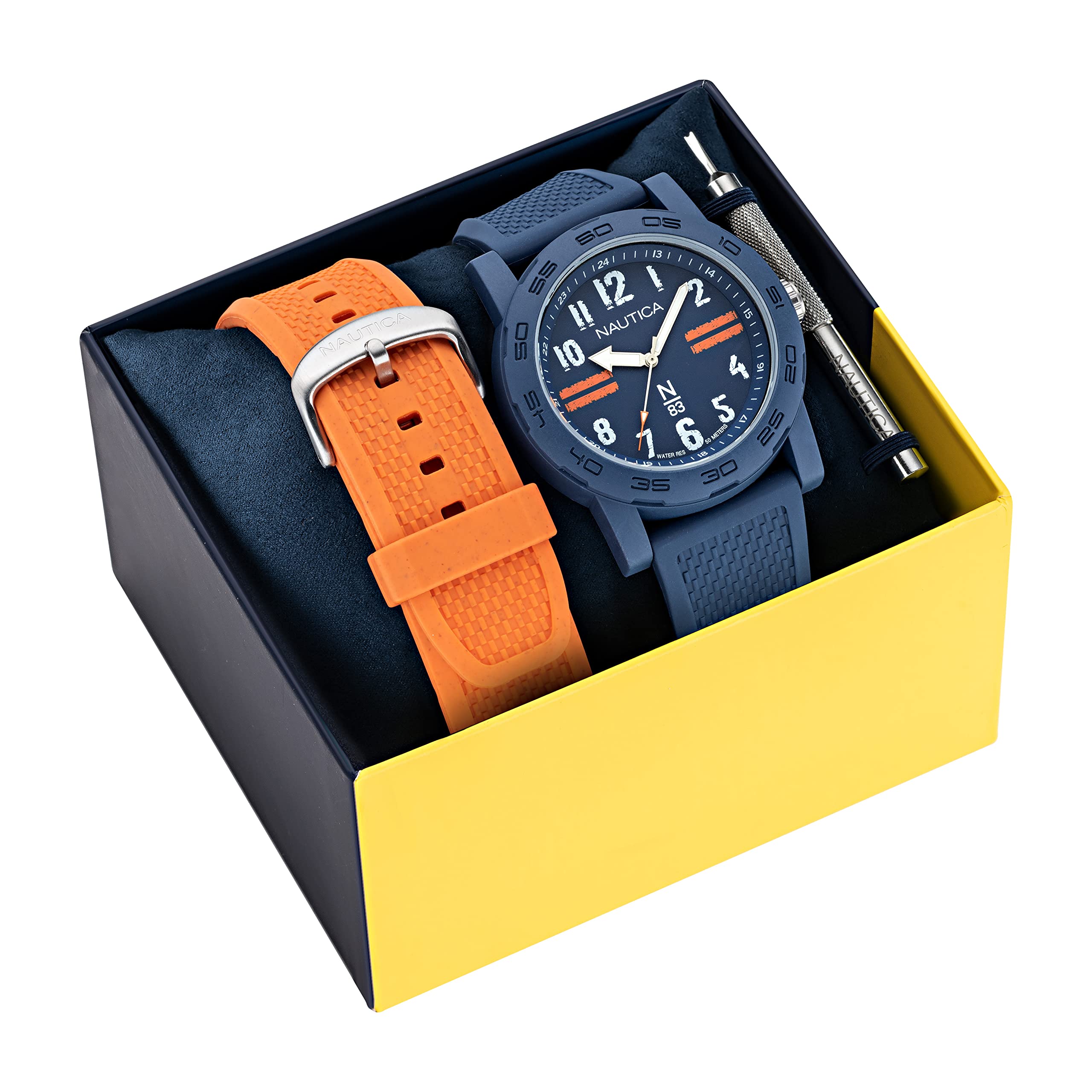 Nautica N83 Men's Watch with Blue & Orange PU Fiber Strap - Waterproof Casual & Sporty Timepiece for Diving, Swimming, and Outdoor Activities