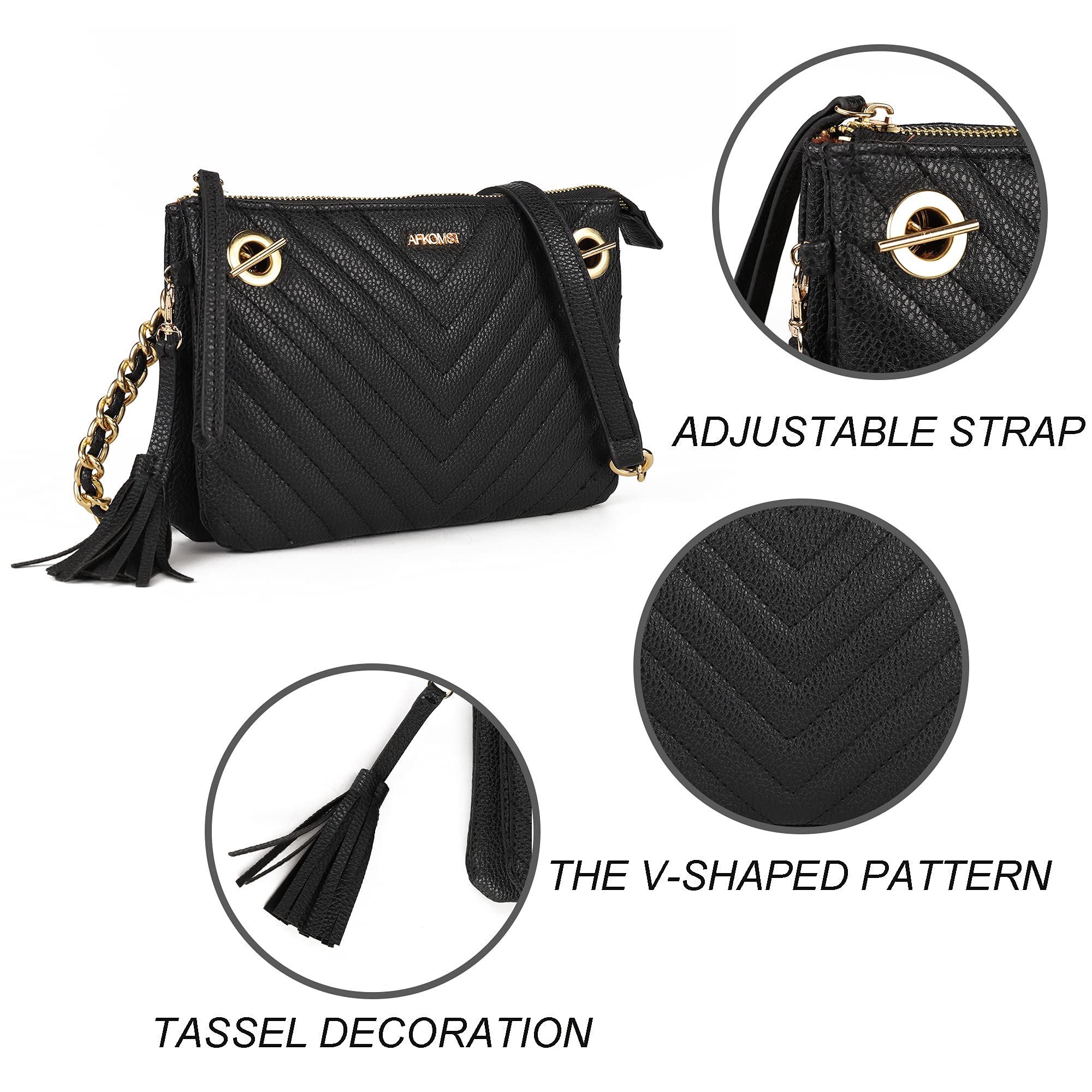 AFKOMST Women's Quilted Crossbody Bag with Multiple Pockets - Stylish Shoulder Satchel Handbag with Tassel for Everyday Use | Perfect for Work, Travel, and Shopping