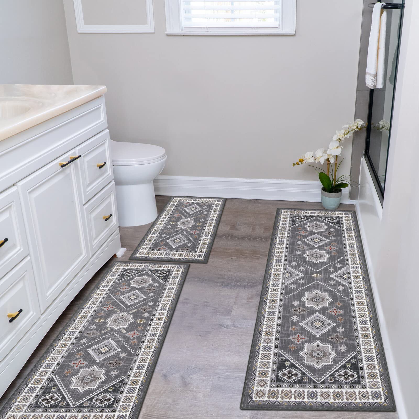 HEBE Boho Kitchen Rug Set - 3 Piece Non-Slip Washable Rugs with Runner | Thick Floor Mats for Kitchen, Hallway & Laundry Room | Perfect for Holiday Decor & Home Decorating
