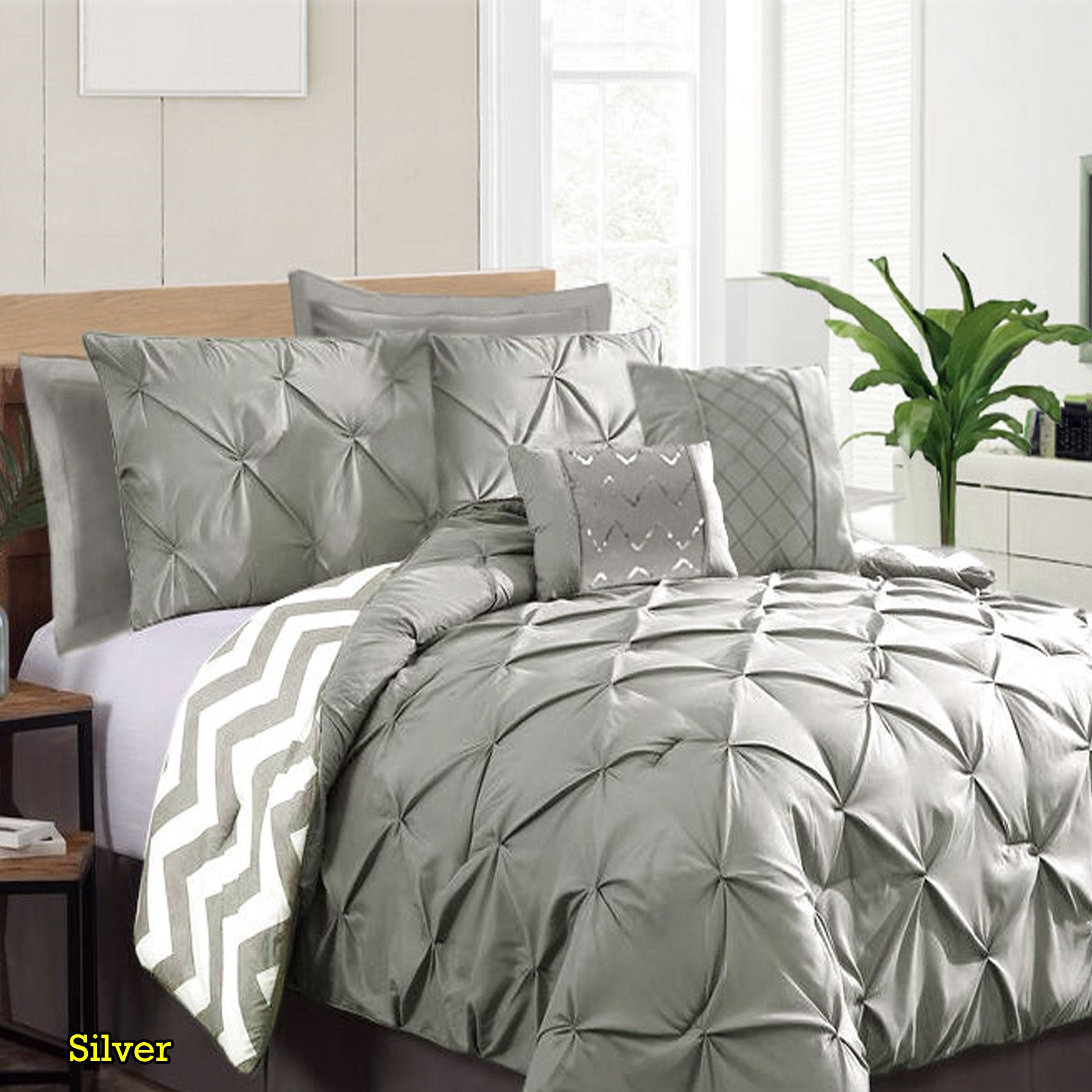 7-Piece Pinch Pleat Comforter Set - Silver King Size Bedding Collection | Luxury Bedroom Decor for Master Suite & Guest Room